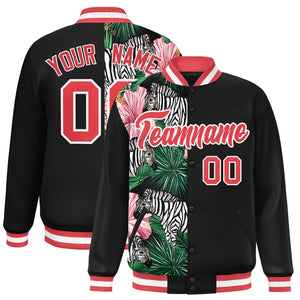 Custom Black Varsity Full-Snap Flower Pattern Letterman Two Tone Split Fashion Jacket