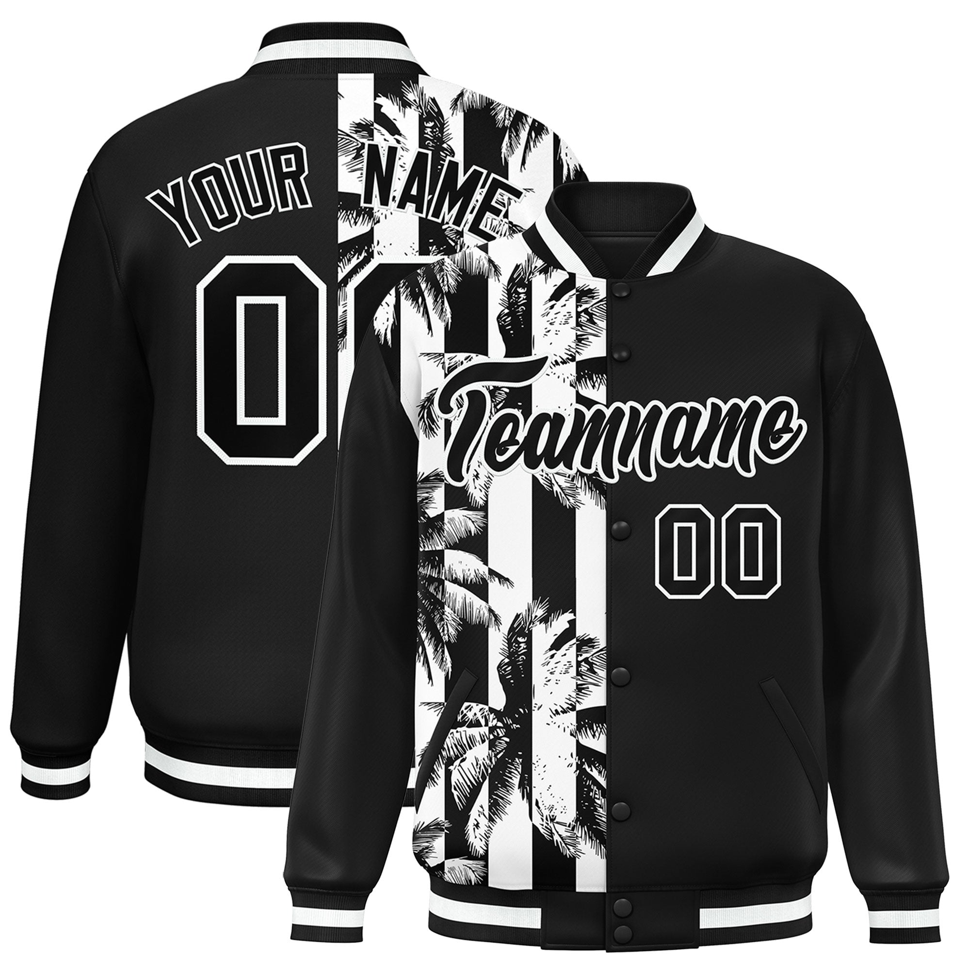 Custom Black Varsity Full-Snap Flower Pattern Letterman Two Tone Split Fashion Jacket