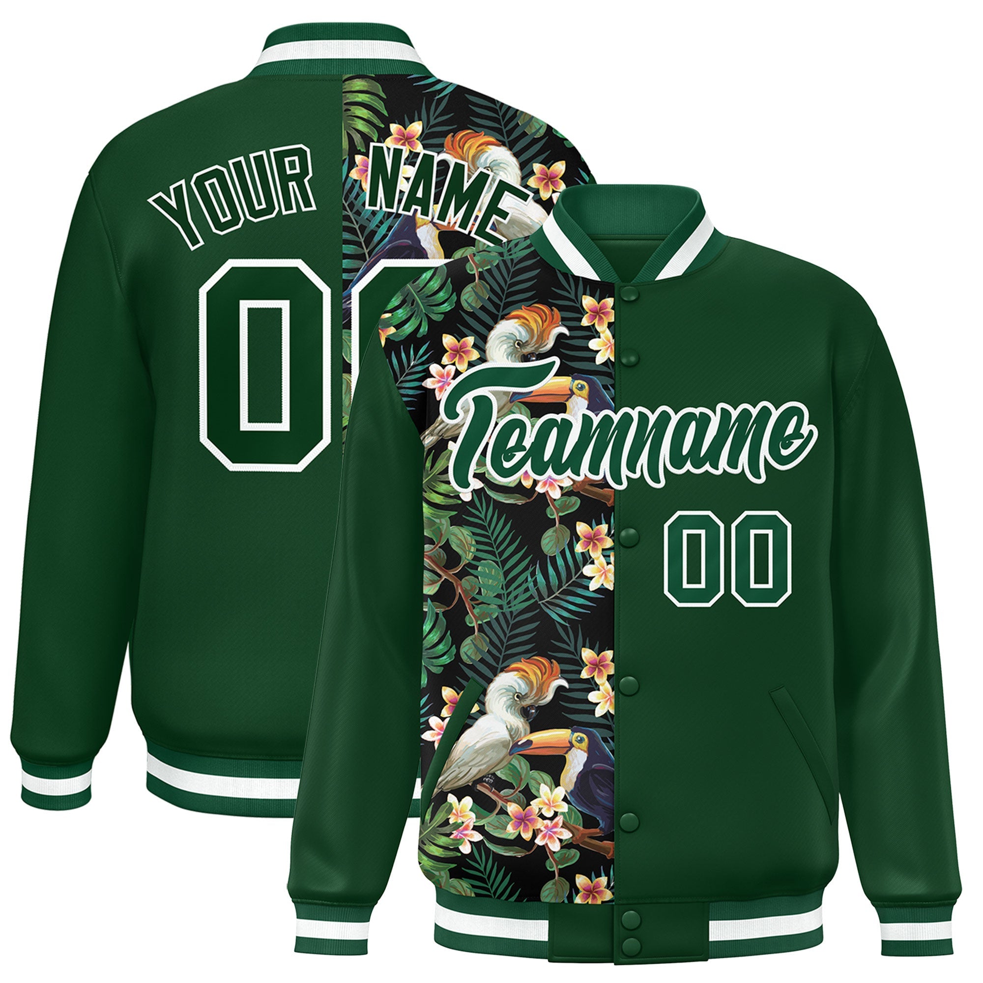 Custom Green Varsity Full-Snap Flower Pattern Letterman Two Tone Split Fashion Jacket