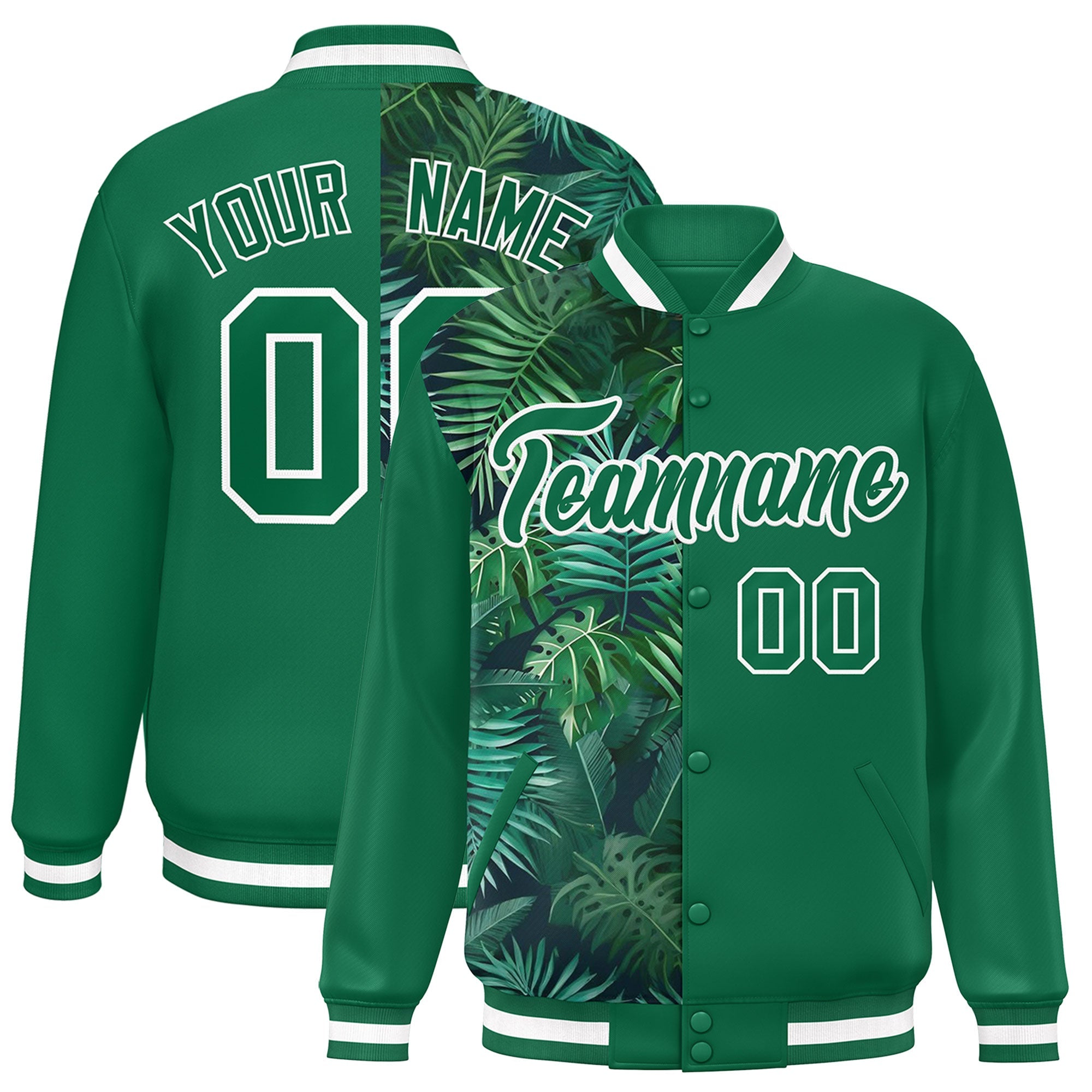 Custom Kelly Green Varsity Full-Snap Flower Pattern Letterman Two Tone Split Fashion Jacket