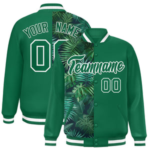 Custom Kelly Green Varsity Full-Snap Flower Pattern Letterman Two Tone Split Fashion Jacket