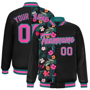 Custom Black Varsity Full-Snap Flower Pattern Letterman Two Tone Split Fashion Jacket