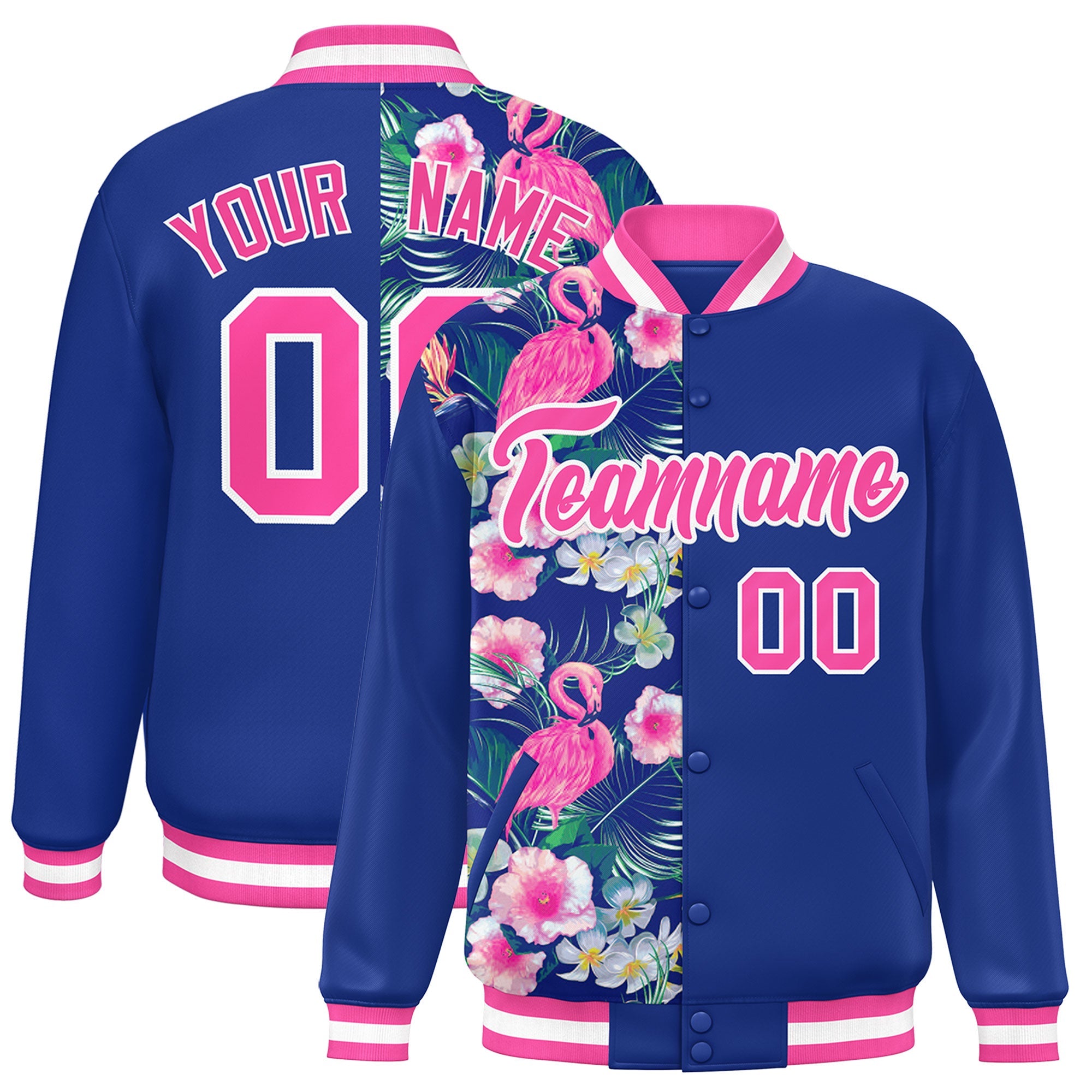 Custom Royal Varsity Full-Snap Flower Pattern Letterman Two Tone Split Fashion Jacket