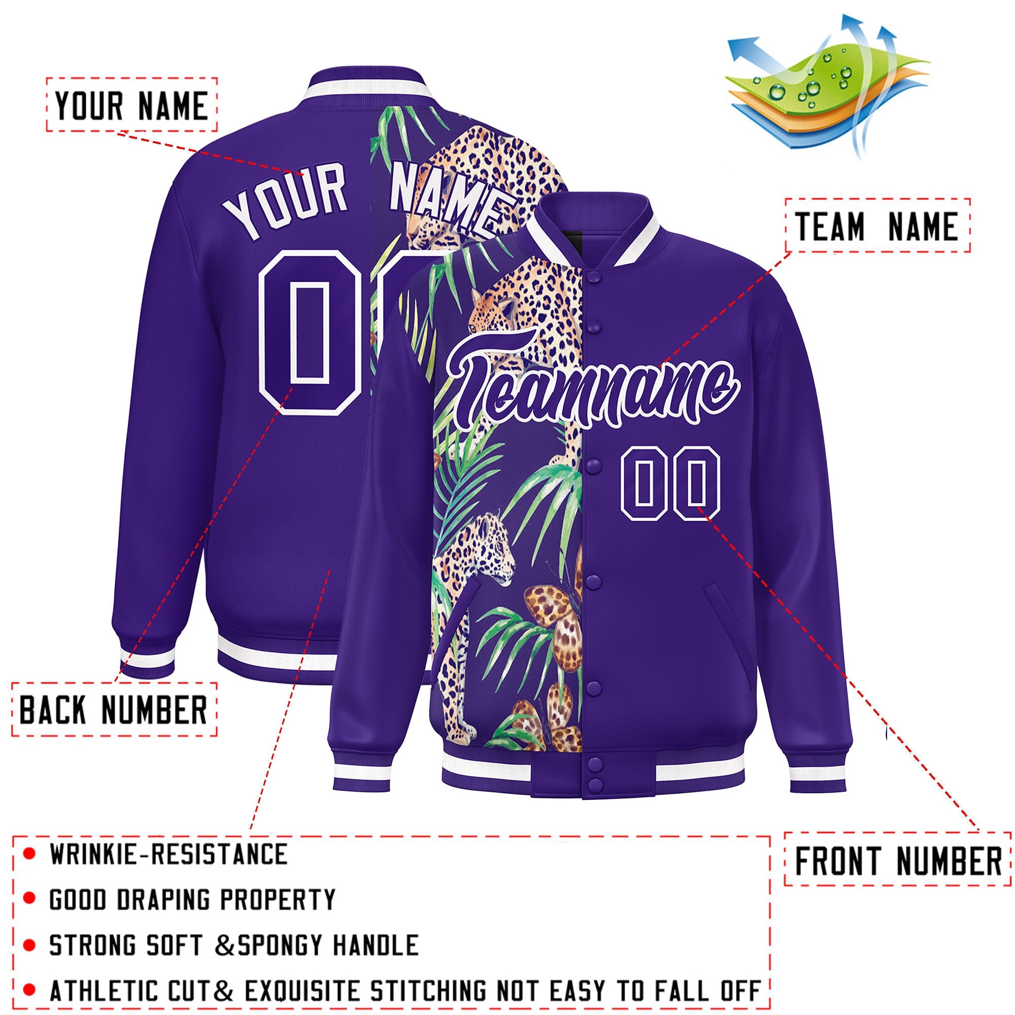 Custom Purple Varsity Full-Snap Flower Pattern Letterman Two Tone Split Fashion Jacket