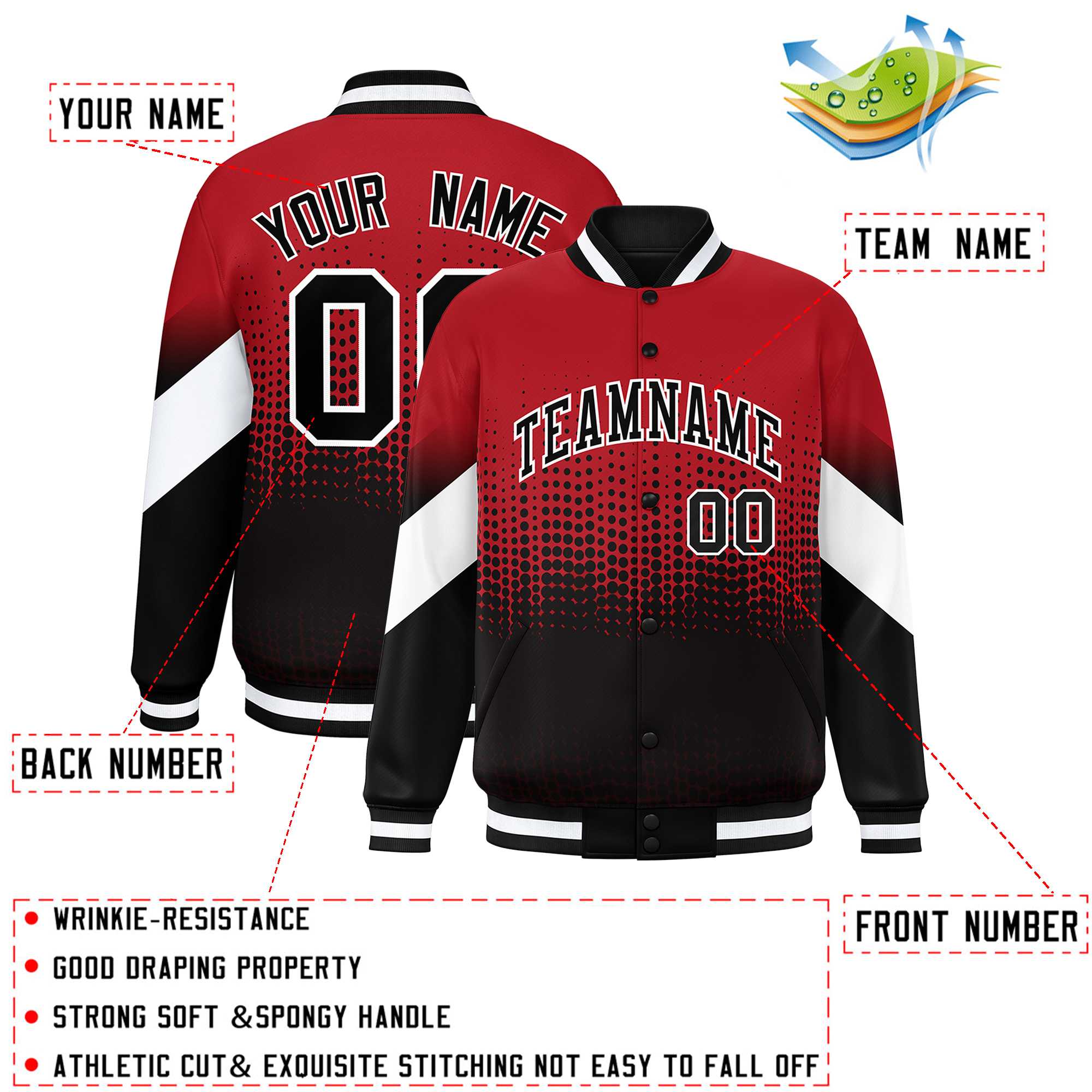 Custom Red Black Gradient Varsity Full-Snap Polka Dot Pattern Letterman Baseball Jacket