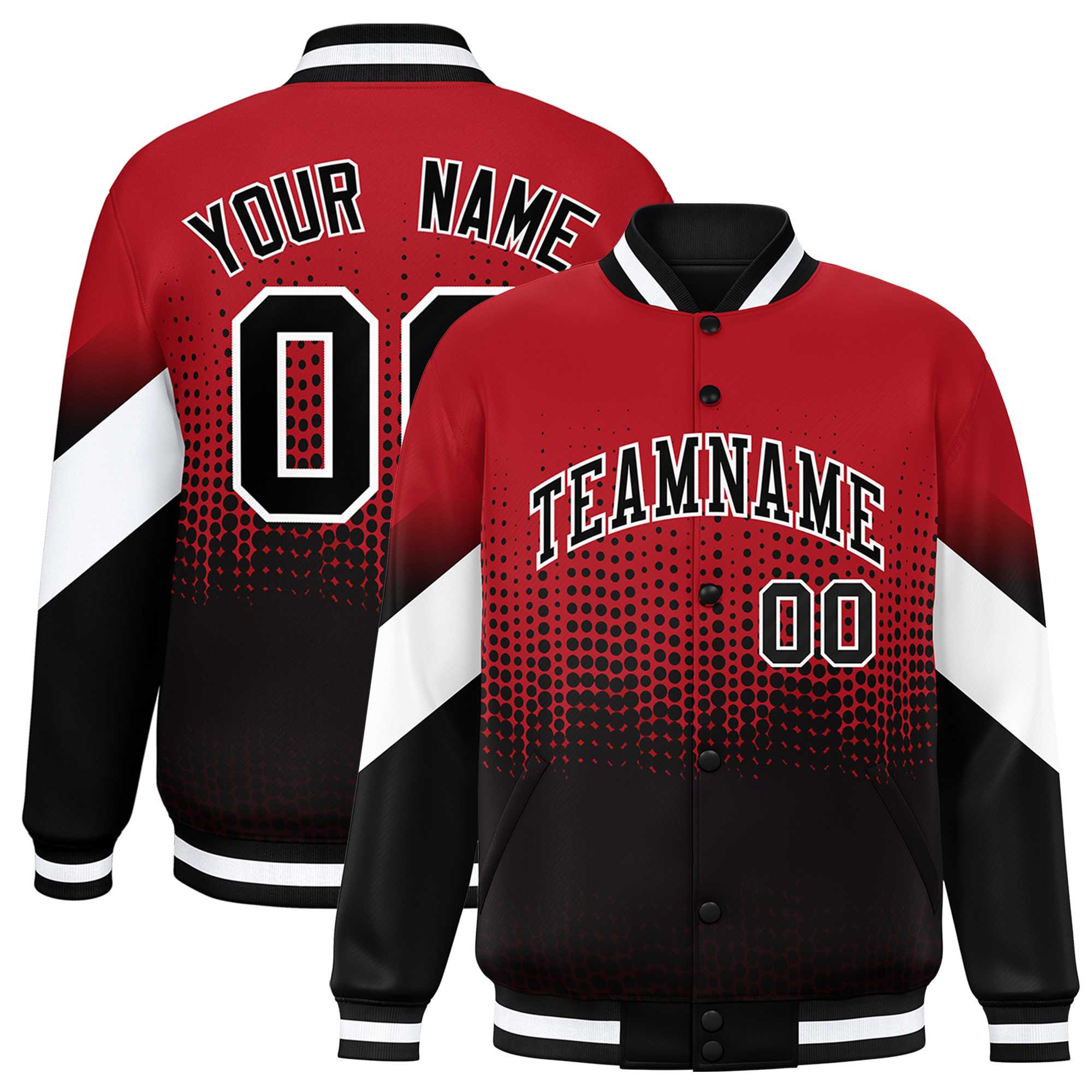 Custom Red Black Gradient Varsity Full-Snap Polka Dot Pattern Letterman Baseball Jacket