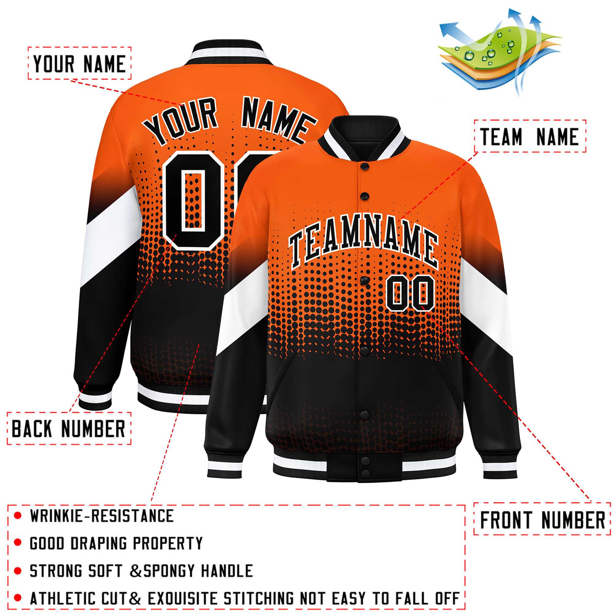 Custom Orange Black Gradient Varsity Full-Snap Polka Dot Pattern Letterman Baseball Jacket