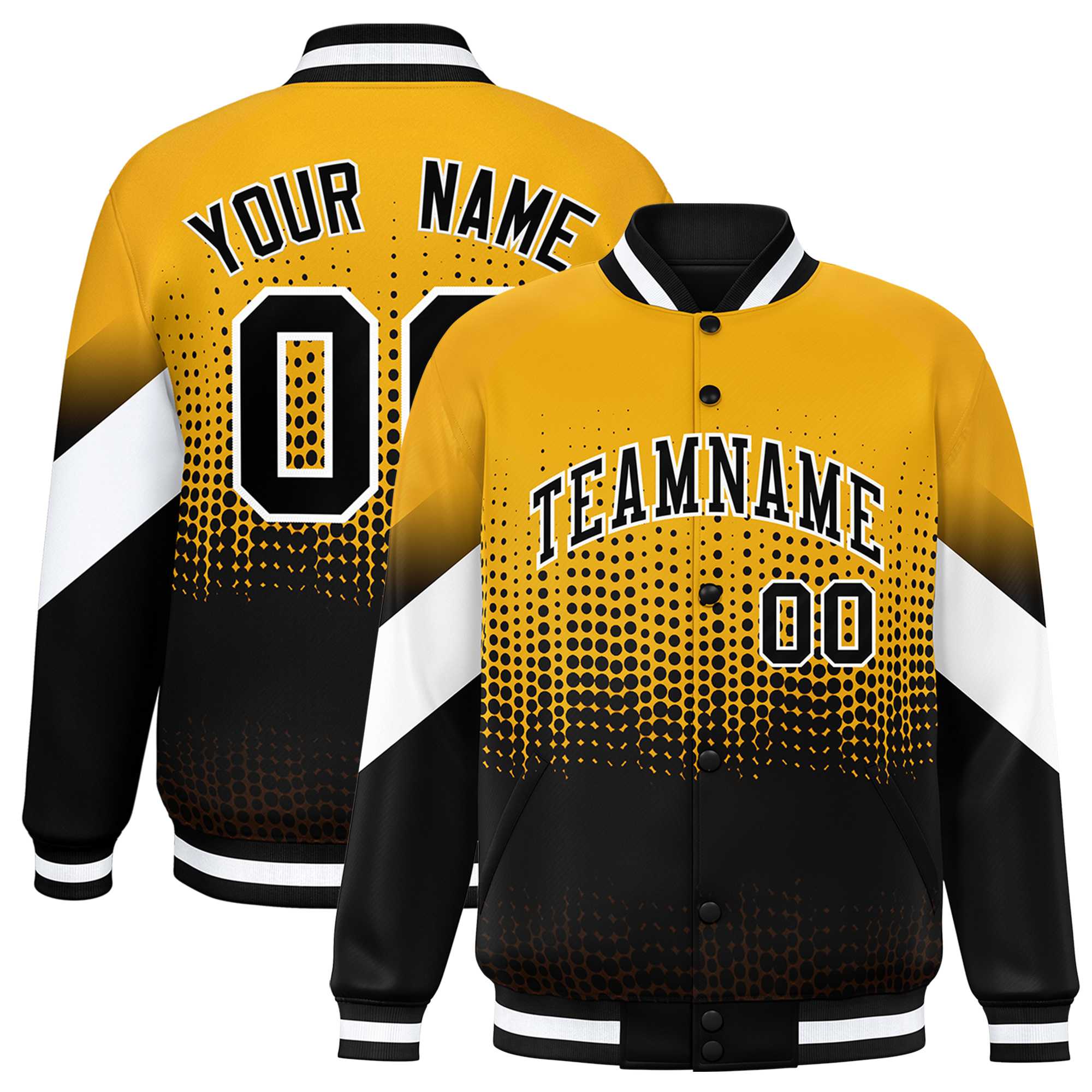 Custom Yellow Black Gradient Varsity Full-Snap Polka Dot Pattern Letterman Baseball Jacket