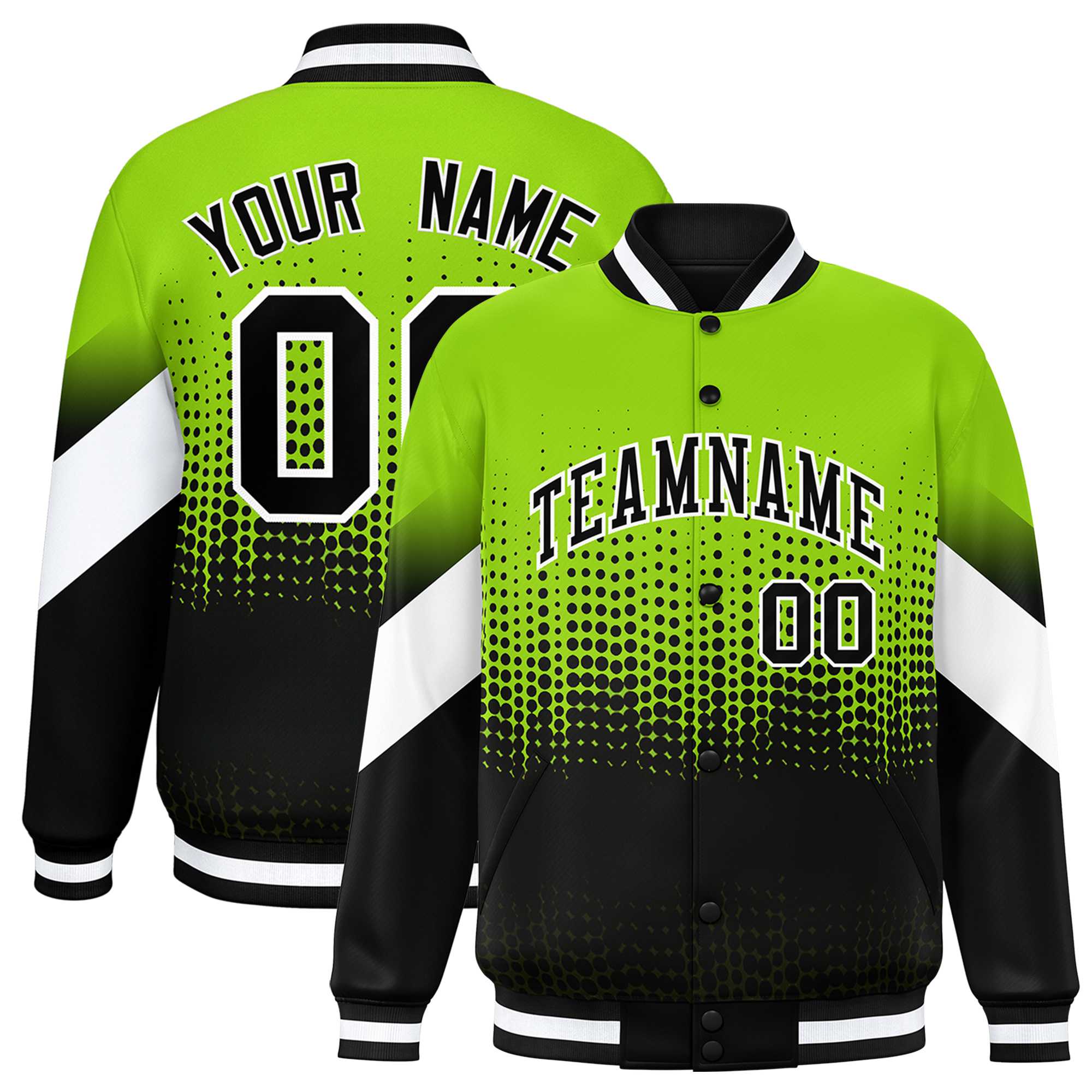 Custom Neon Green Black Gradient Varsity Full-Snap Polka Dot Pattern Letterman Baseball Jacket