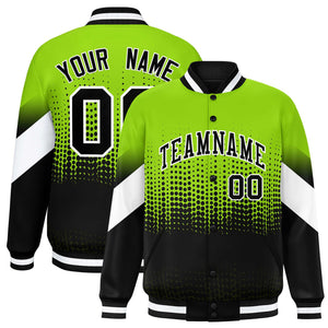 Custom Neon Green Black Gradient Varsity Full-Snap Polka Dot Pattern Letterman Baseball Jacket