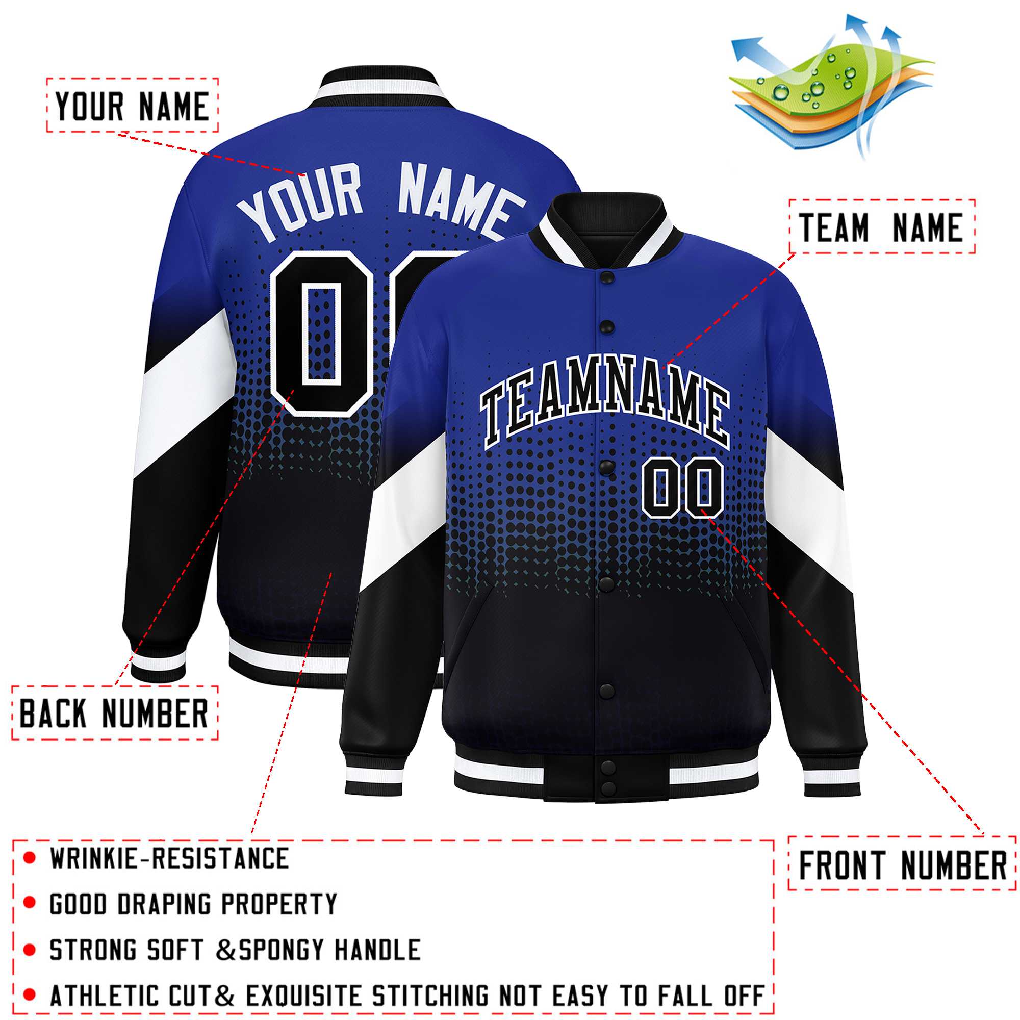 Custom Royal Black Gradient Varsity Full-Snap Polka Dot Pattern Letterman Baseball Jacket