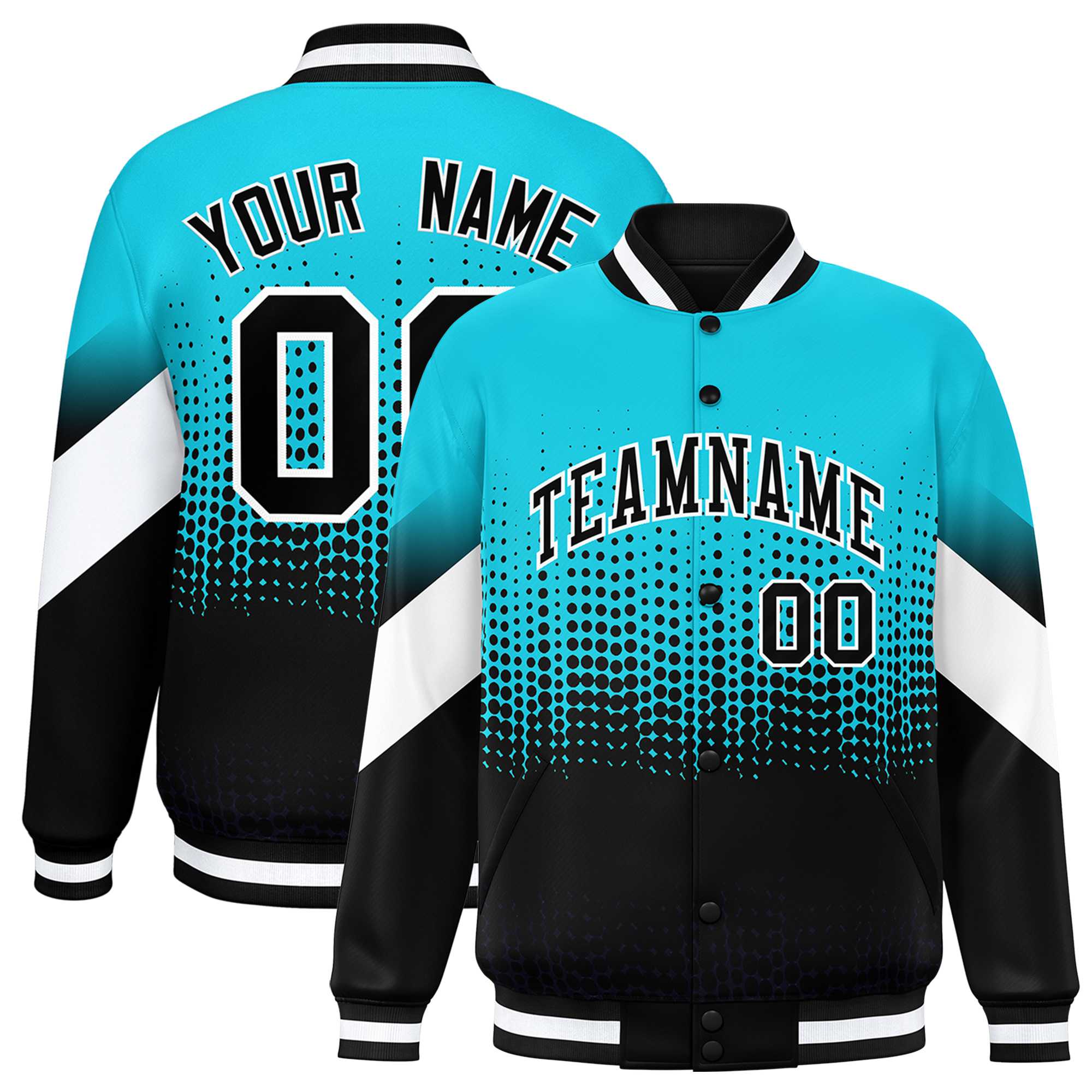 Custom Sky Blue Black Gradient Varsity Full-Snap Polka Dot Pattern Letterman Baseball Jacket