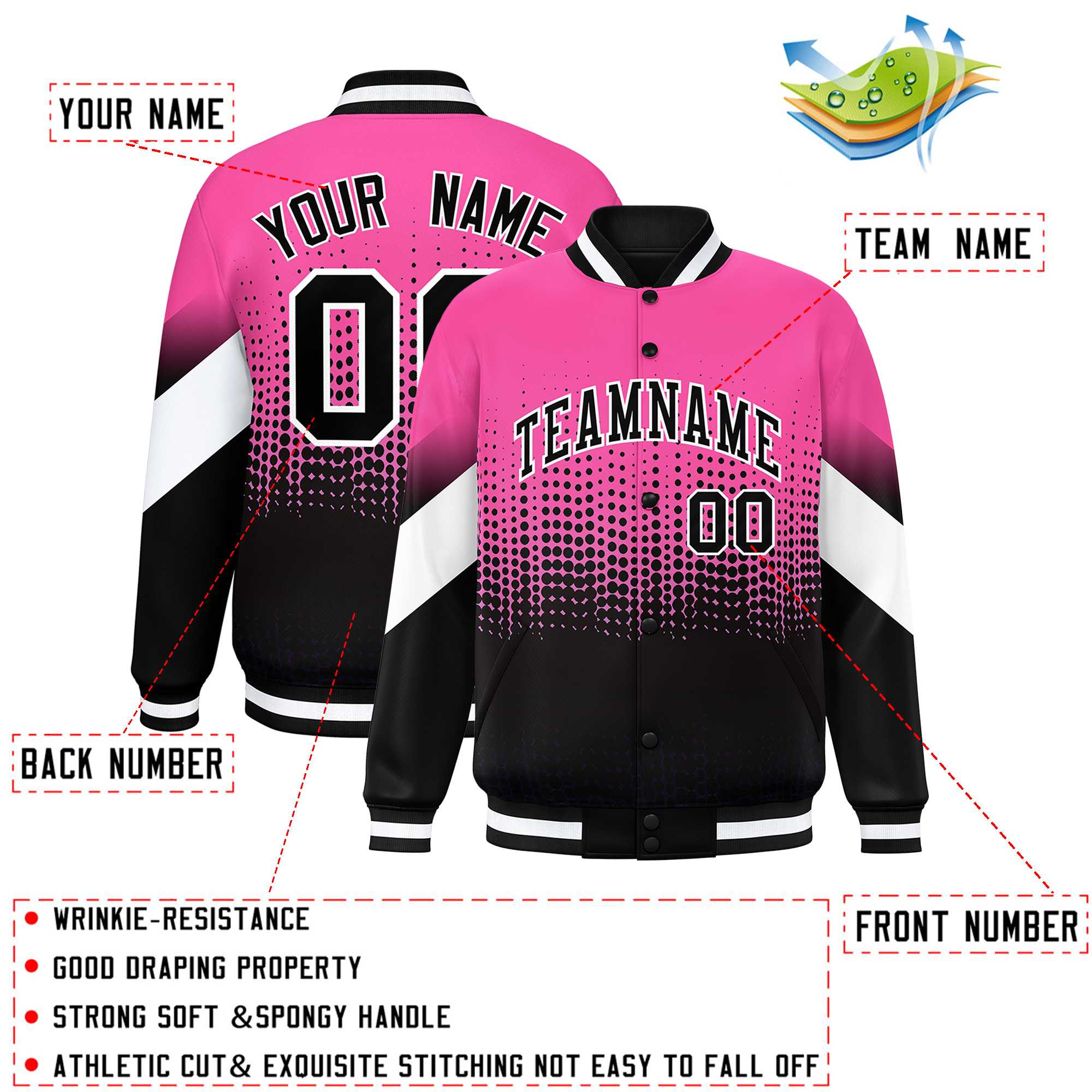 Custom Pink Black Gradient Varsity Full-Snap Polka Dot Pattern Letterman Baseball Jacket