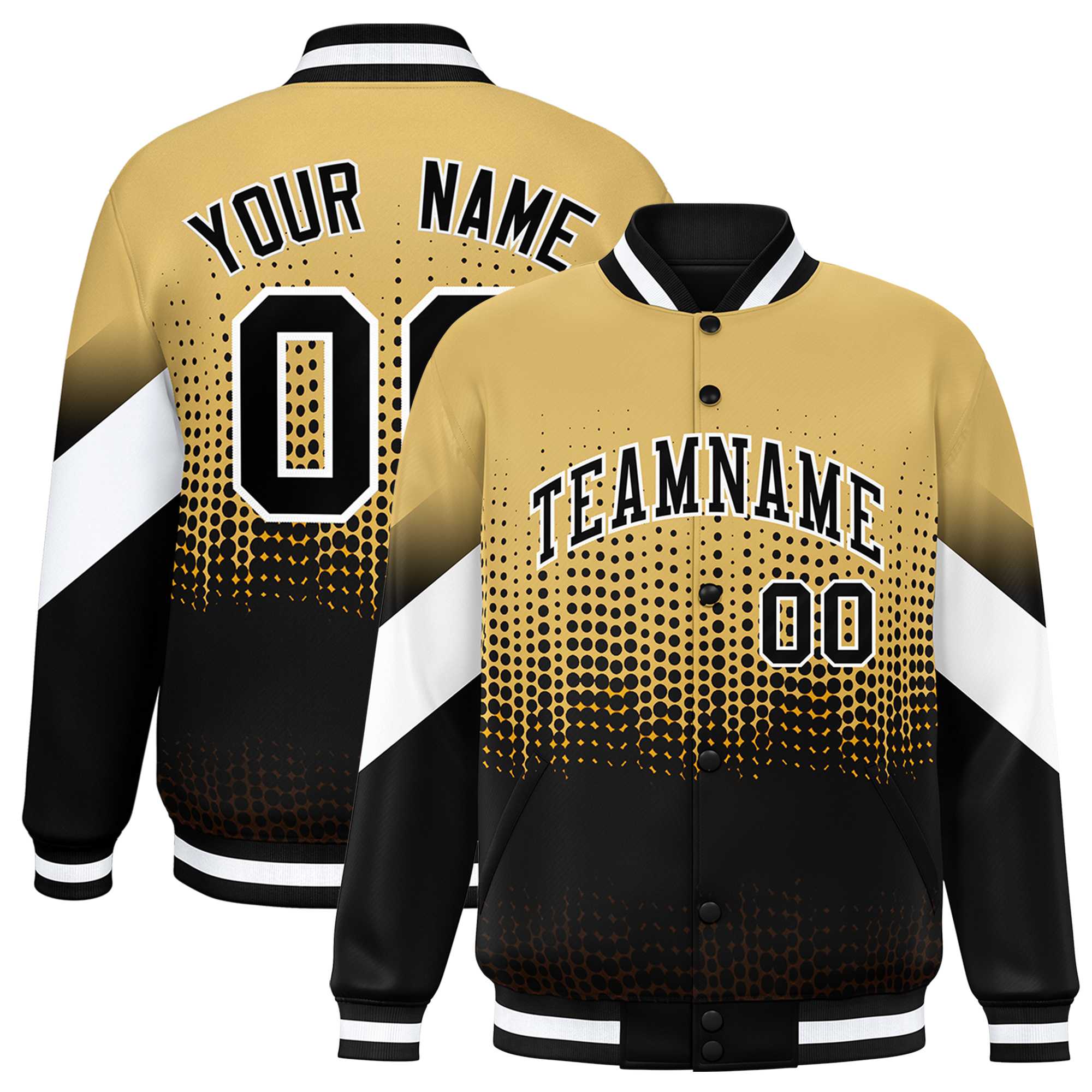 Custom Khaki Black Gradient Varsity Full-Snap Polka Dot Pattern Letterman Baseball Jacket