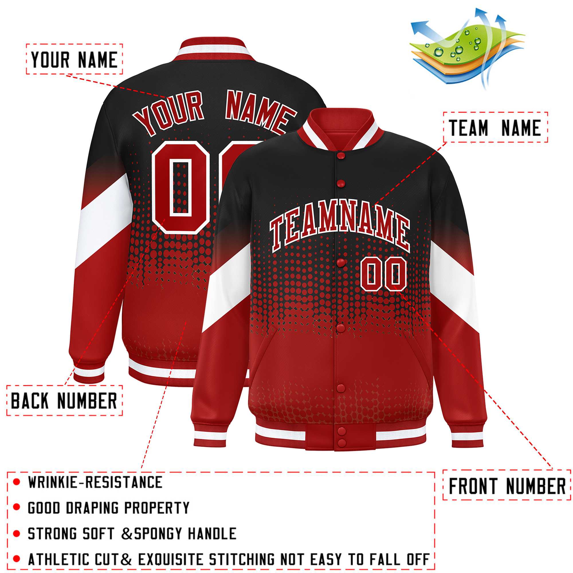 Custom Black Red Gradient Varsity Full-Snap Polka Dot Pattern Letterman Baseball Jacket