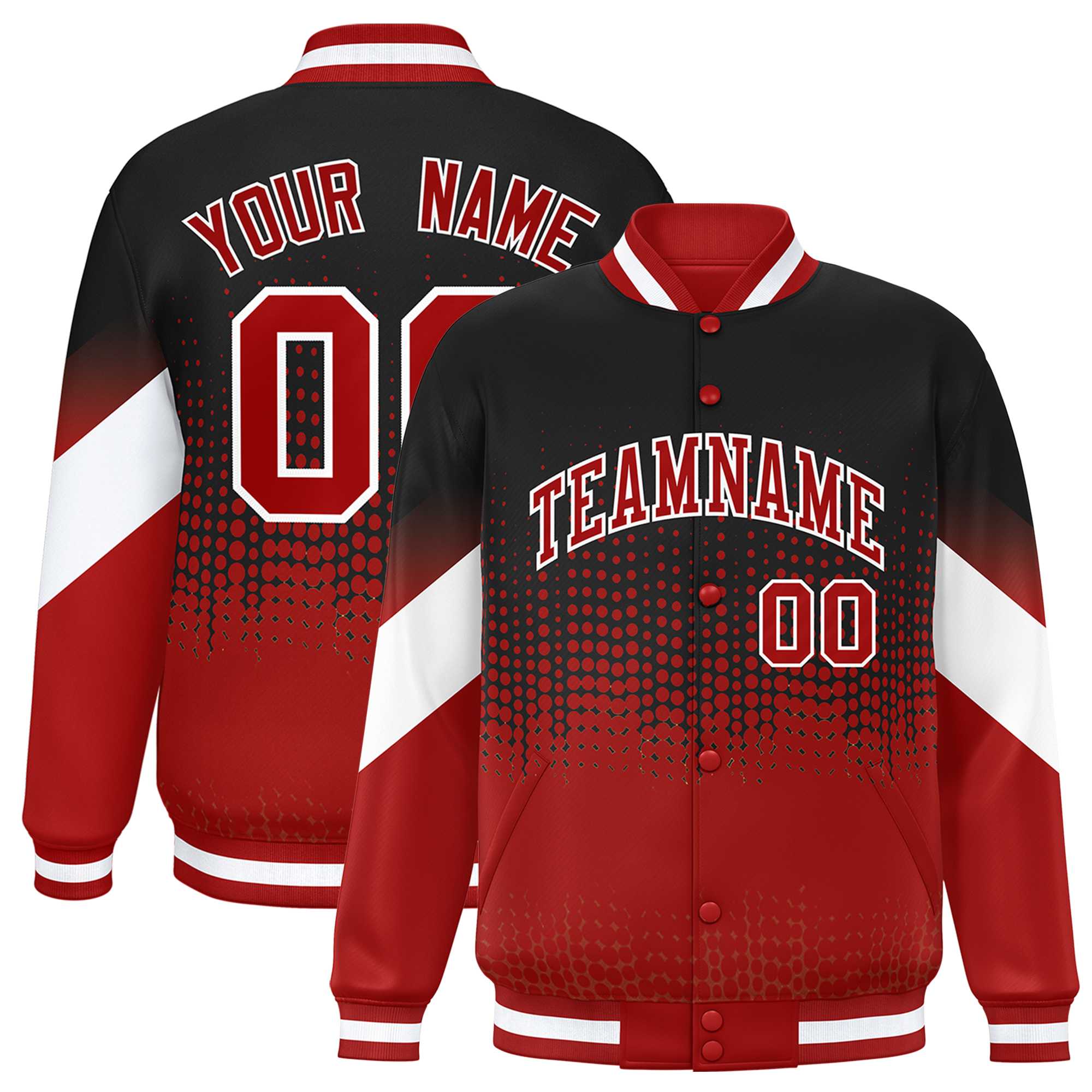 Custom Black Red Gradient Varsity Full-Snap Polka Dot Pattern Letterman Baseball Jacket