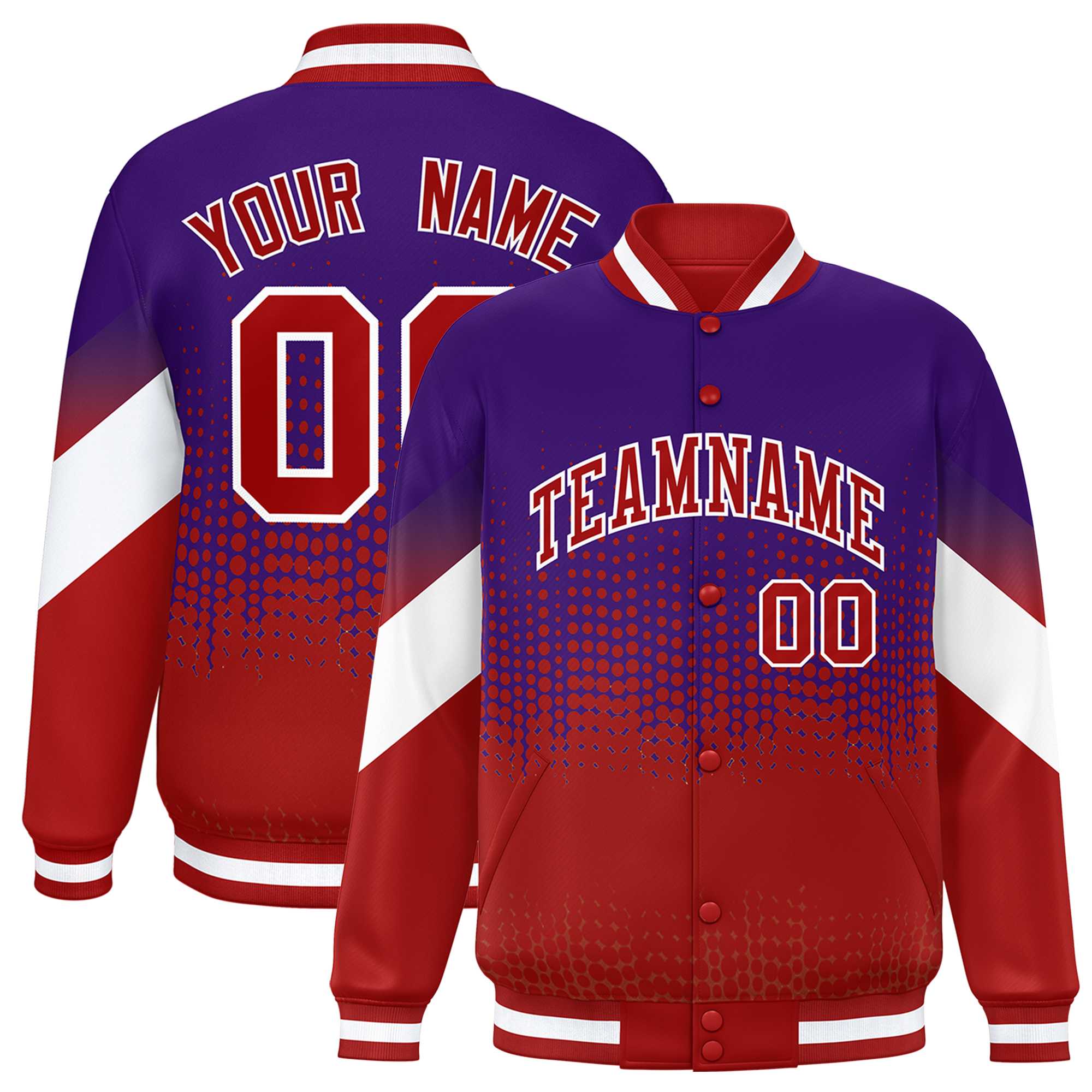 Custom Purple Red Gradient Varsity Full-Snap Polka Dot Pattern Letterman Baseball Jacket