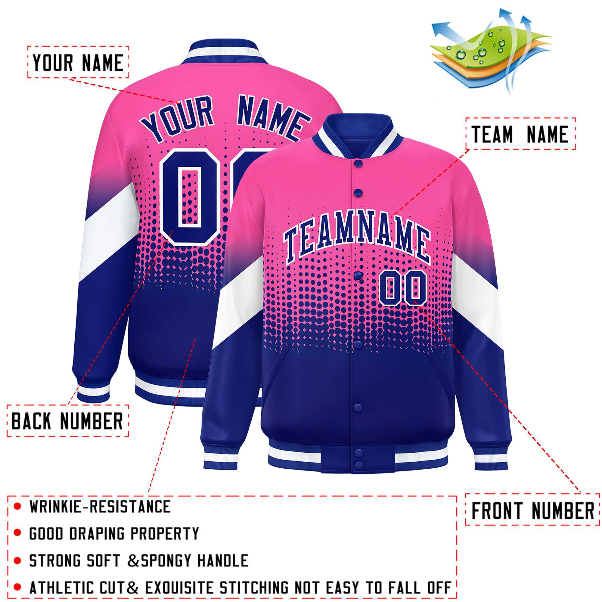 Custom Pink Royal Gradient Varsity Full-Snap Polka Dot Pattern Letterman Baseball Jacket