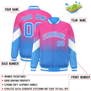 Custom Pink Powder Blue Gradient Varsity Full-Snap Polka Dot Pattern Letterman Baseball Jacket