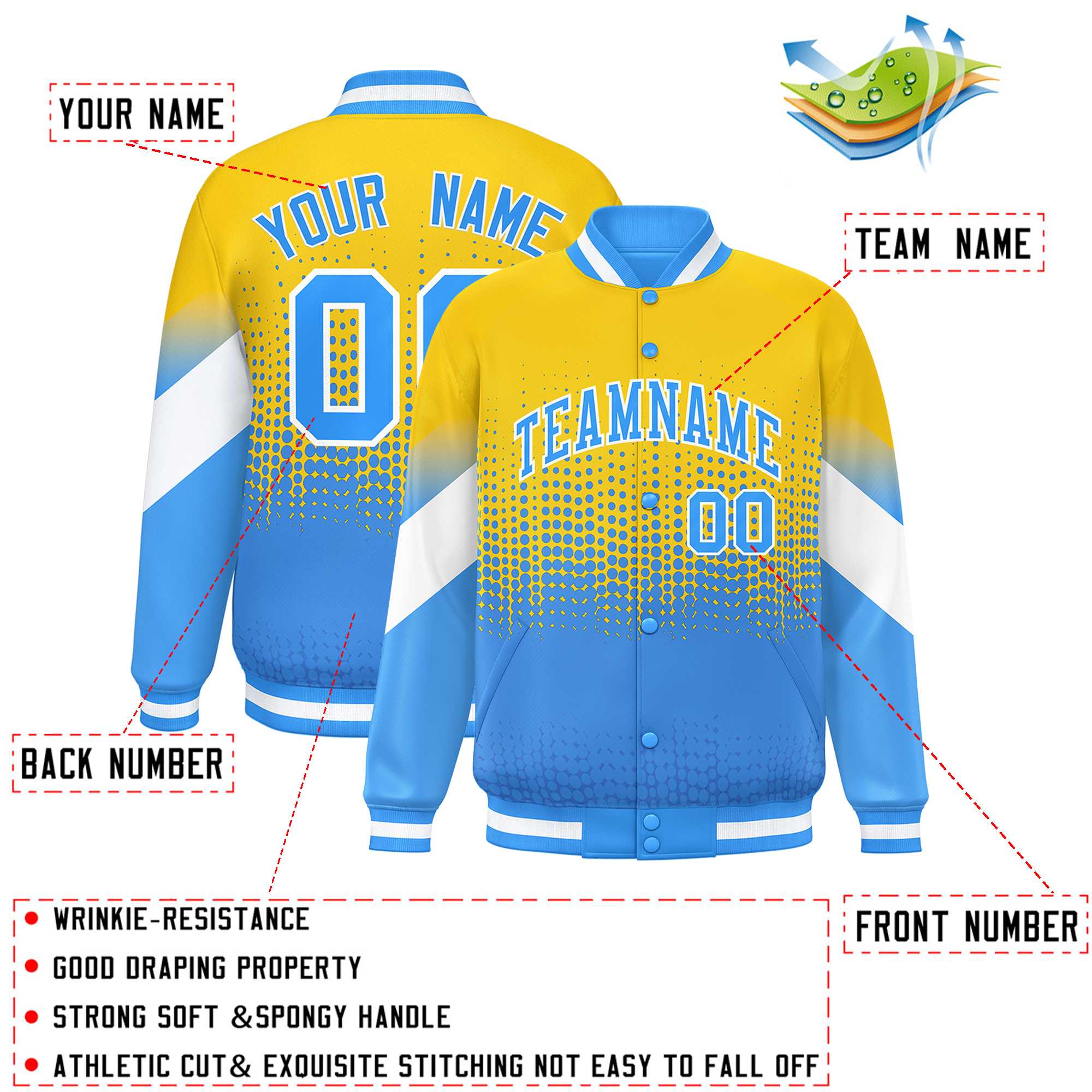 Custom Gold Powder Blue Gradient Varsity Full-Snap Polka Dot Pattern Letterman Baseball Jacket