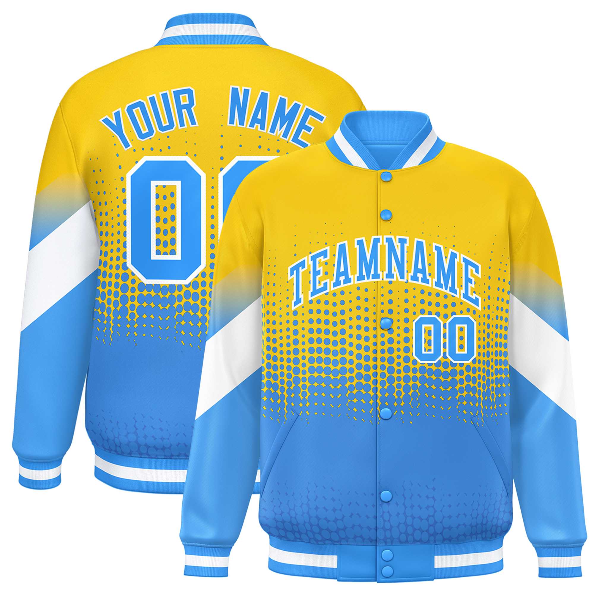 Custom Gold Powder Blue Gradient Varsity Full-Snap Polka Dot Pattern Letterman Baseball Jacket