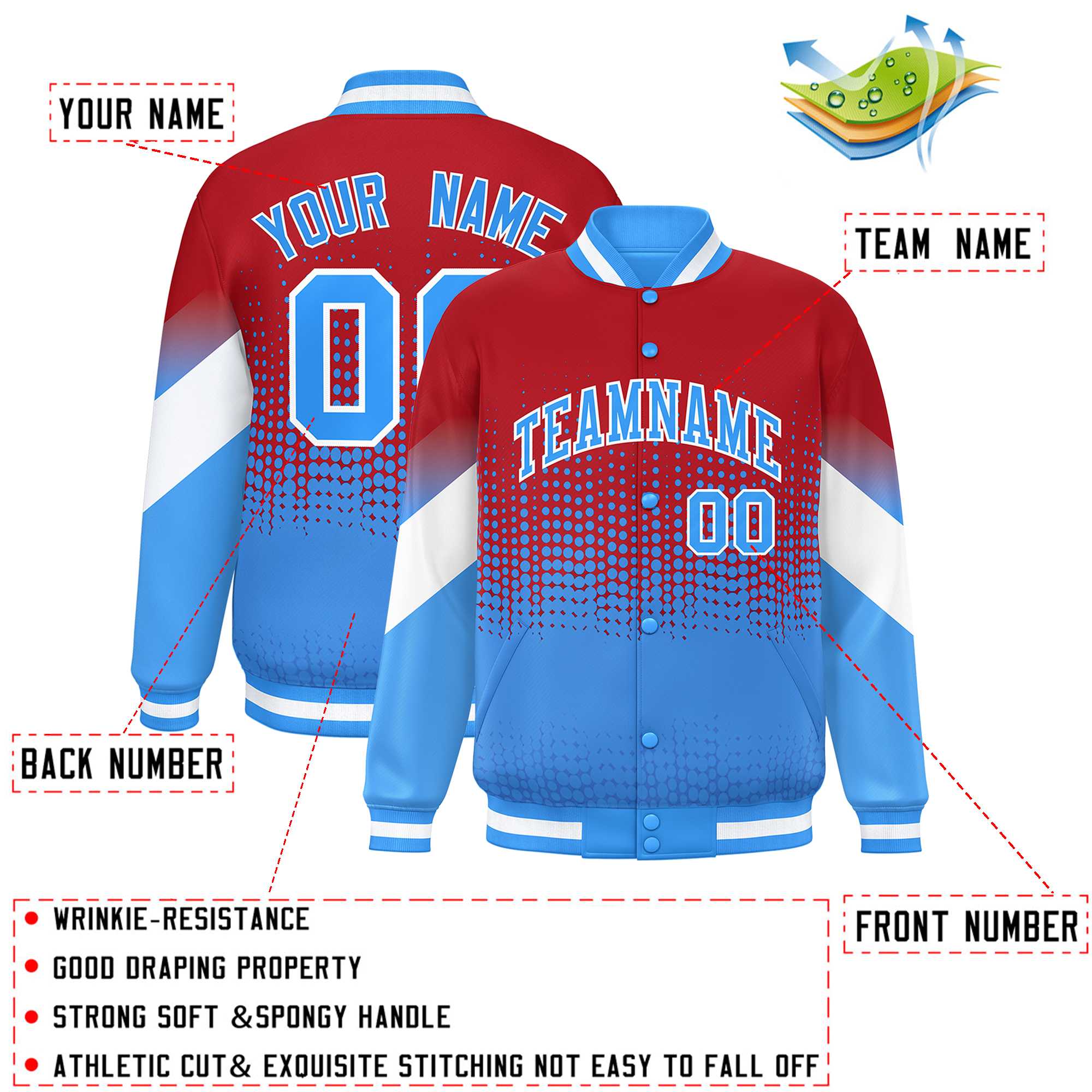 Custom Red Powder Blue Gradient Varsity Full-Snap Polka Dot Pattern Letterman Baseball Jacket