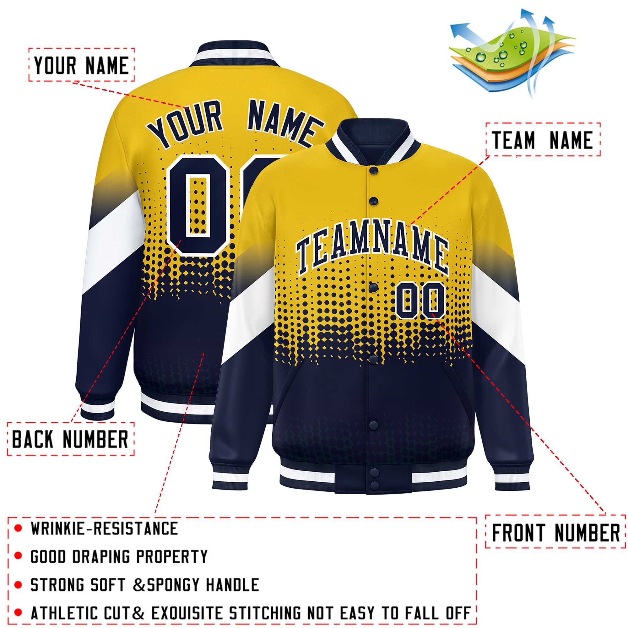 Custom Gold Navy Gradient Varsity Full-Snap Polka Dot Pattern Letterman Baseball Jacket