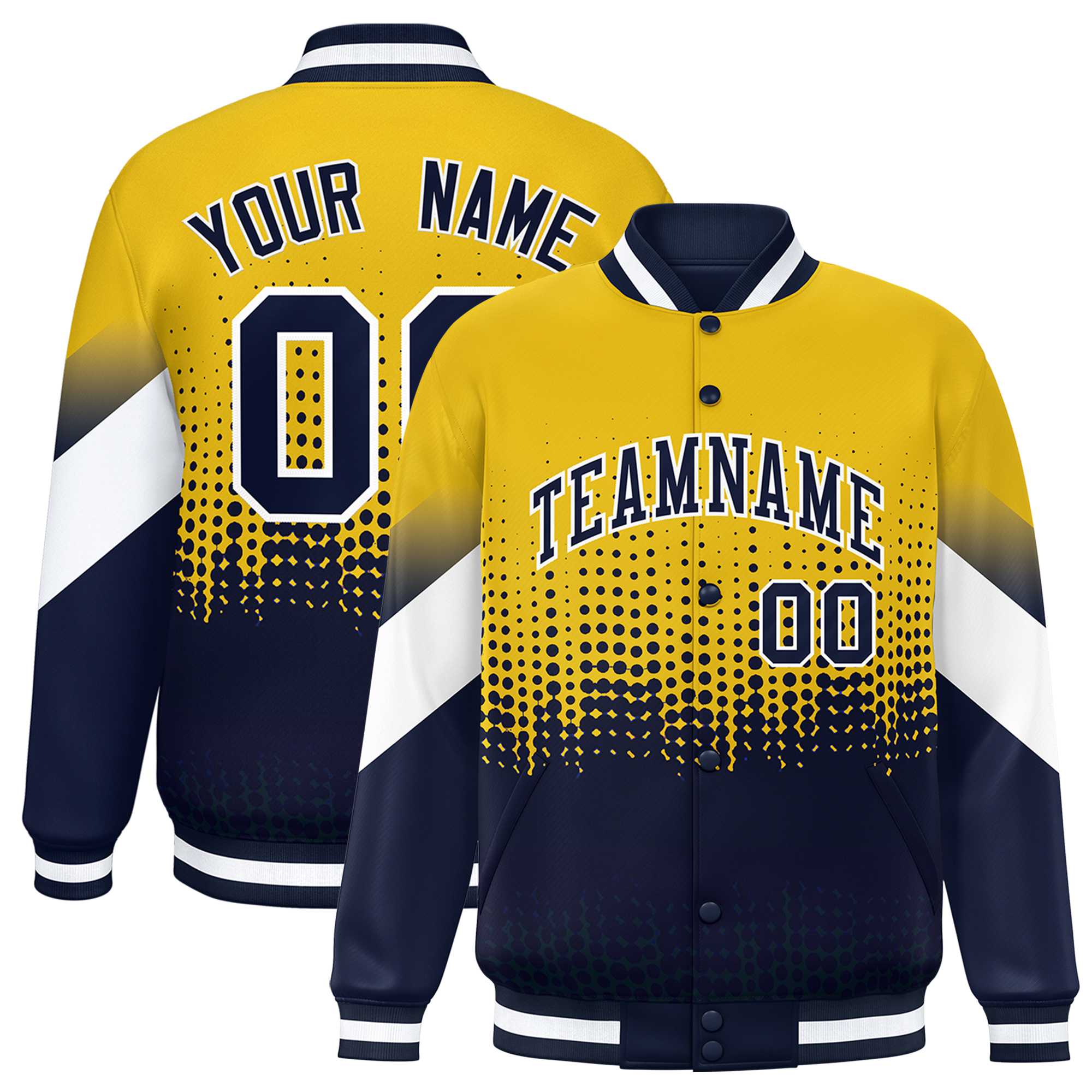 Custom Gold Navy Gradient Varsity Full-Snap Polka Dot Pattern Letterman Baseball Jacket