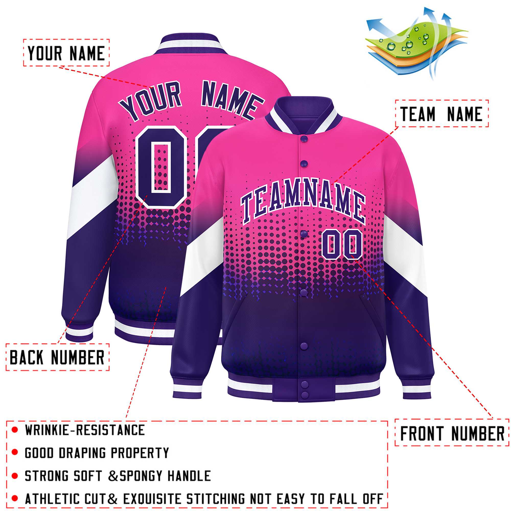 Custom Pink Purple Gradient Varsity Full-Snap Polka Dot Pattern Letterman Baseball Jacket