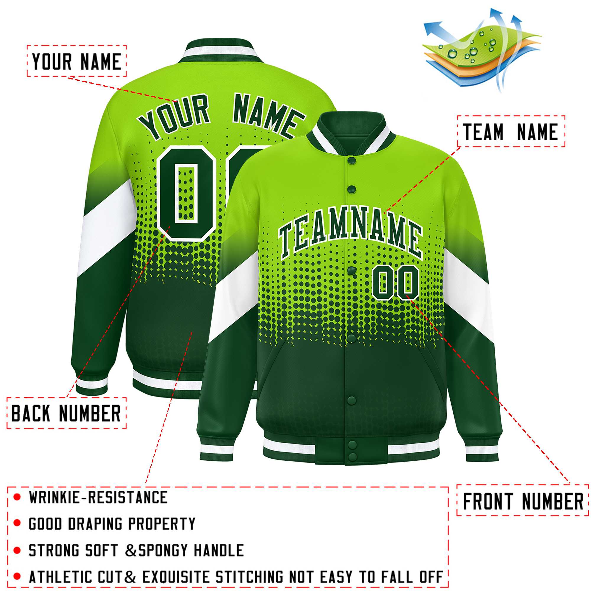 Custom Neon Green Green Gradient Varsity Full-Snap Polka Dot Pattern Letterman Baseball Jacket