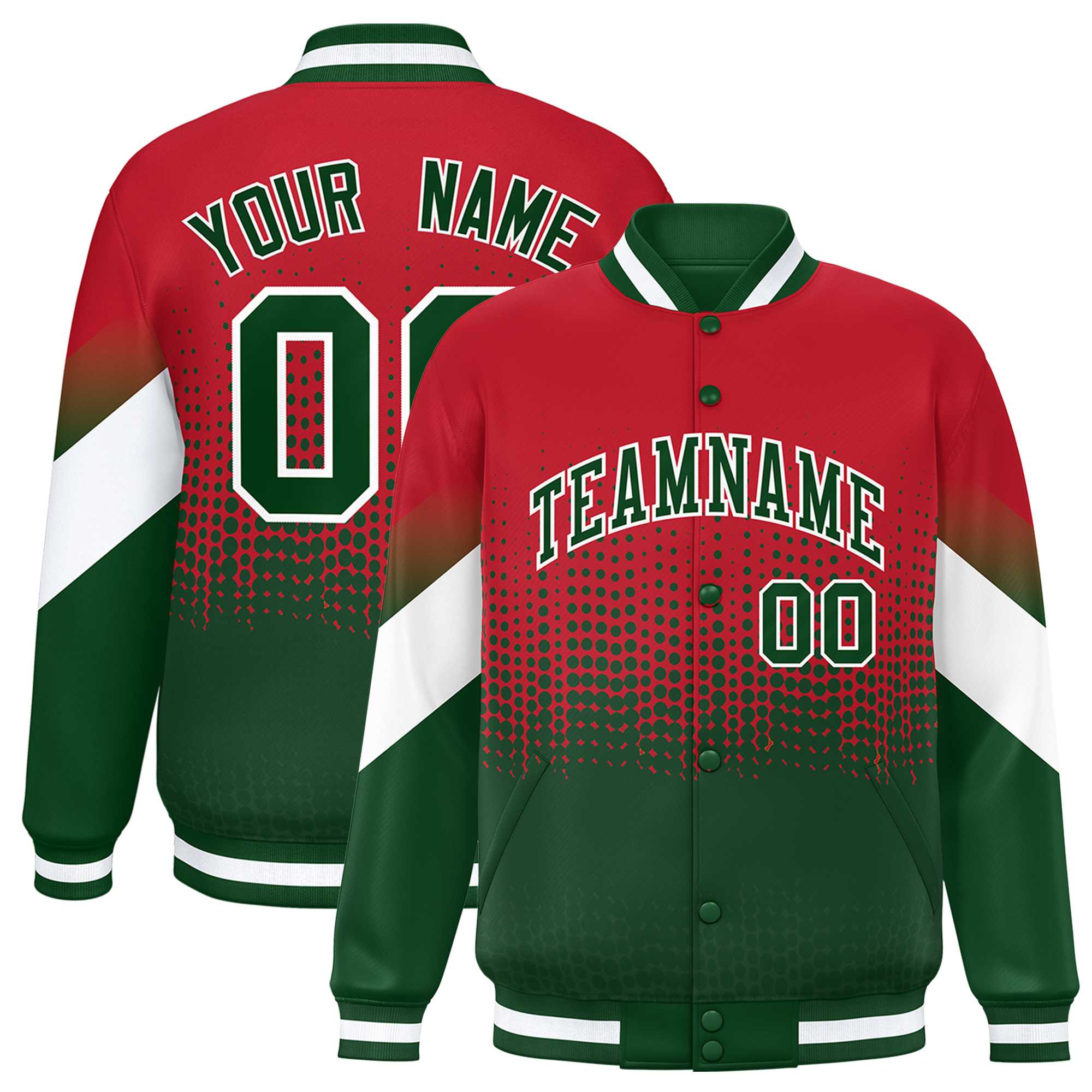 Custom Red Green Gradient Varsity Full-Snap Polka Dot Pattern Letterman Baseball Jacket