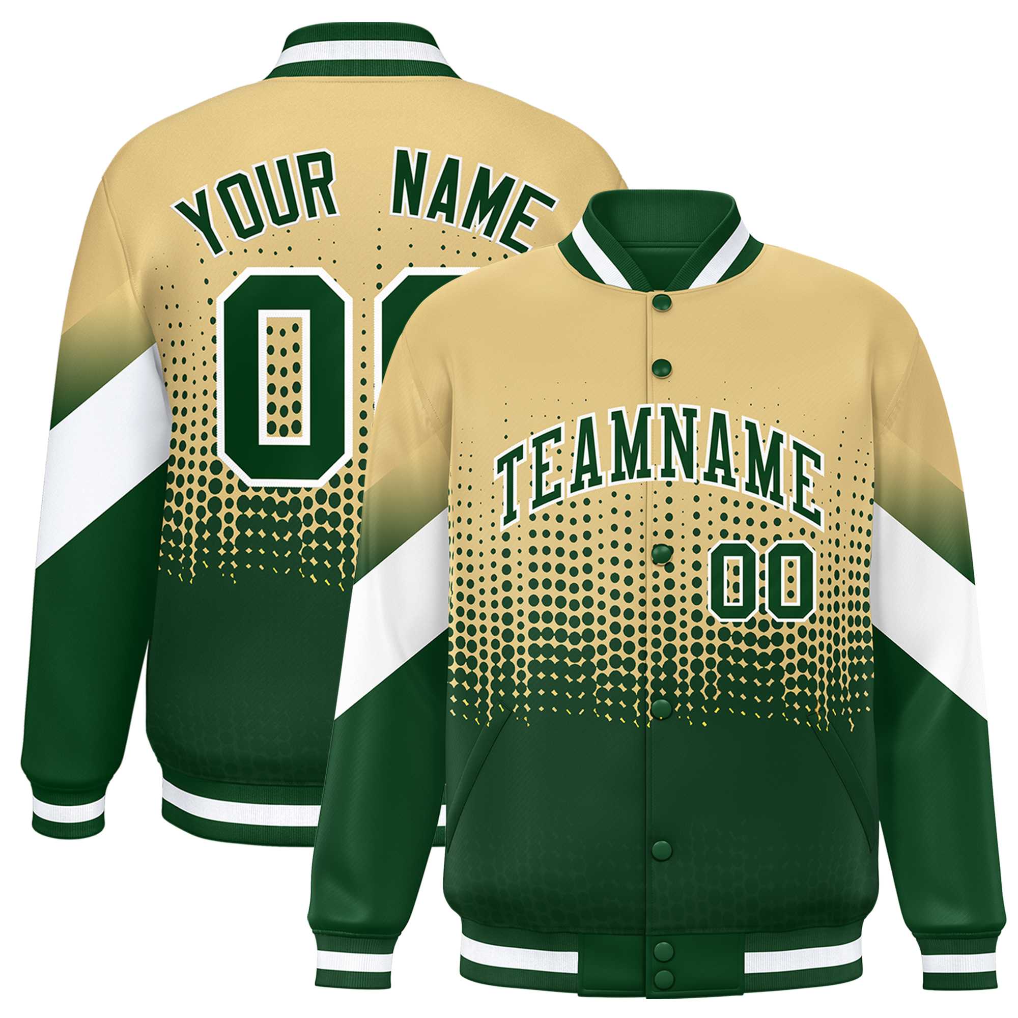 Custom Khaki Green Gradient Varsity Full-Snap Polka Dot Pattern Letterman Baseball Jacket