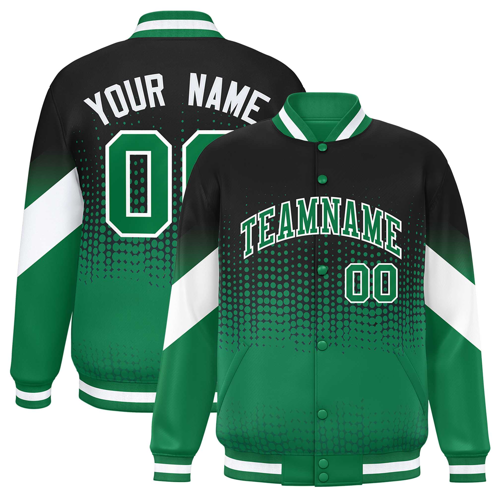 Custom Black Kelly Green Gradient Varsity Full-Snap Polka Dot Pattern Letterman Baseball Jacket