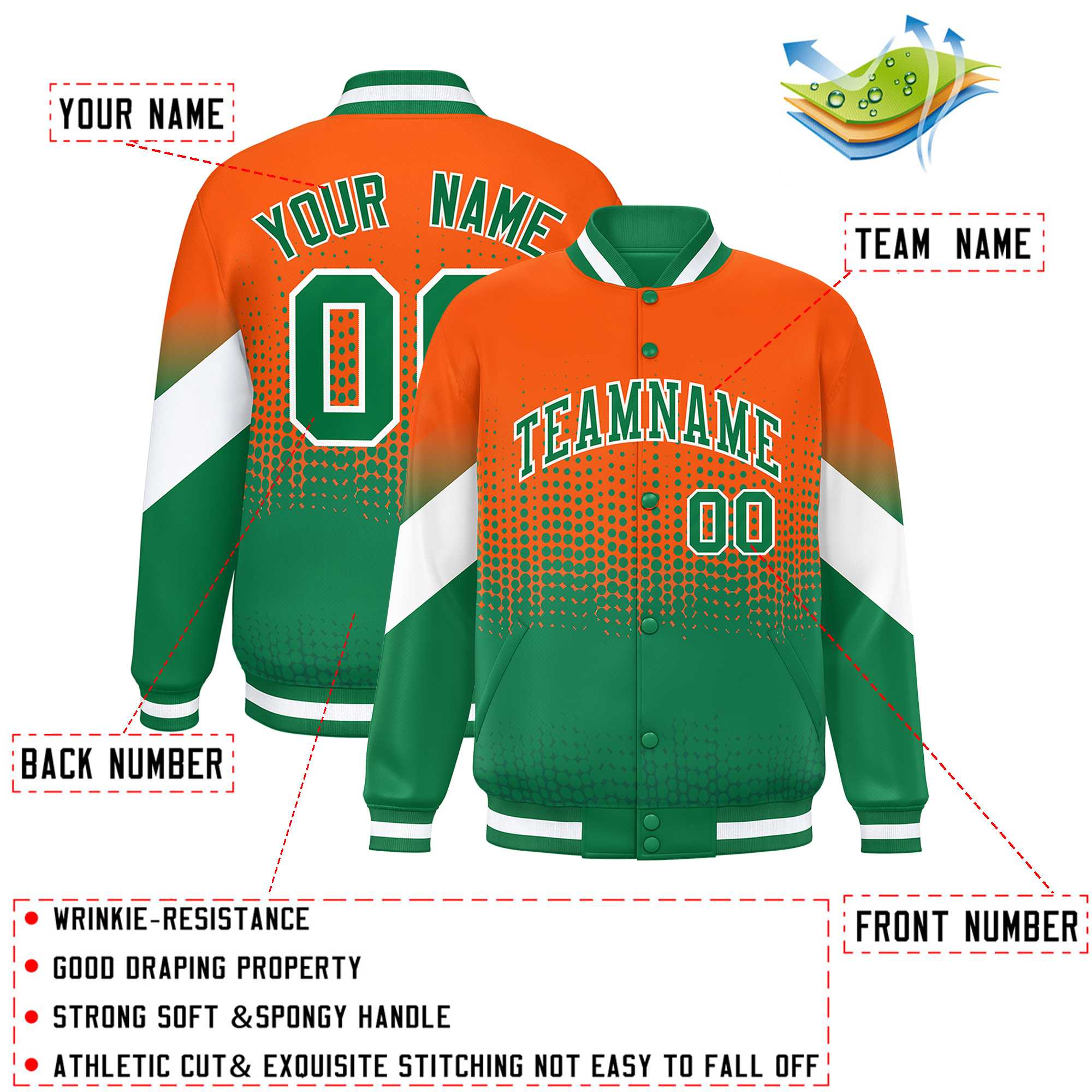 Custom Orange Kelly Green Gradient Varsity Full-Snap Polka Dot Pattern Letterman Baseball Jacket