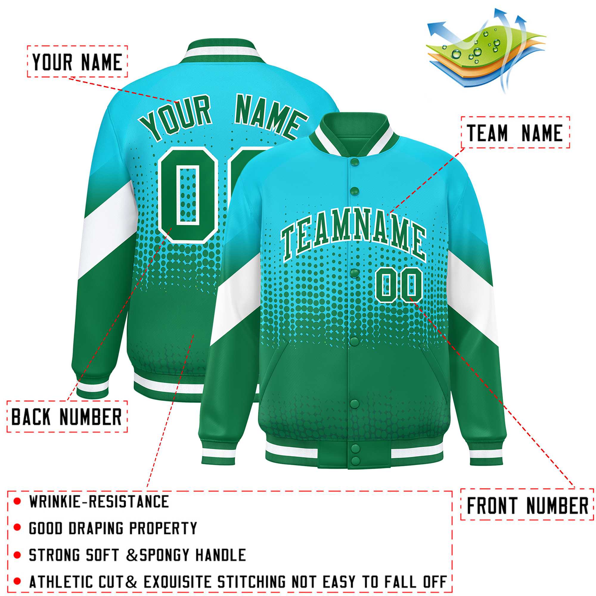 Custom Sky Blue Kelly Green Gradient Varsity Full-Snap Polka Dot Pattern Letterman Baseball Jacket