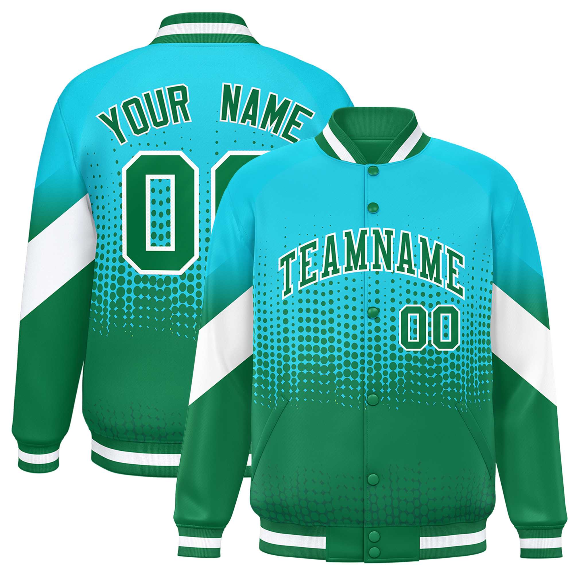 Custom Sky Blue Kelly Green Gradient Varsity Full-Snap Polka Dot Pattern Letterman Baseball Jacket