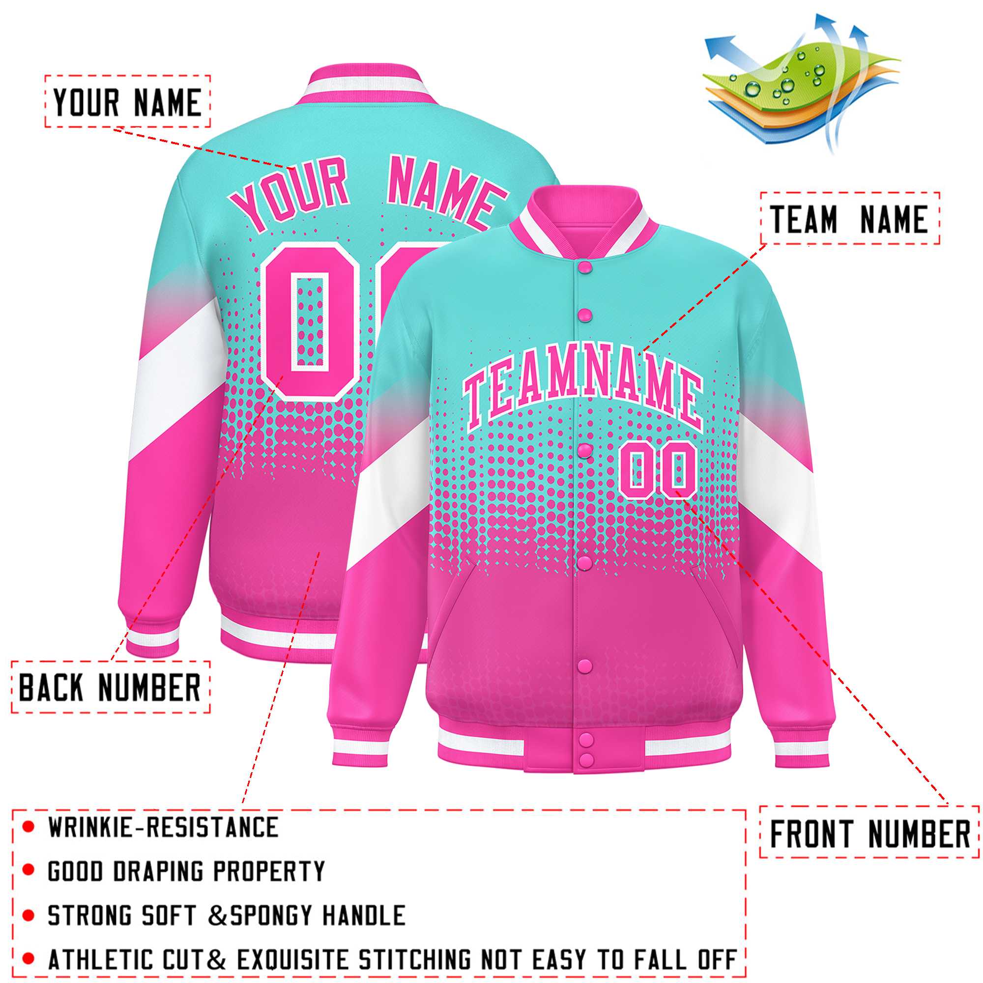 Custom Bright Green Pink Gradient Varsity Full-Snap Polka Dot Pattern Letterman Baseball Jacket