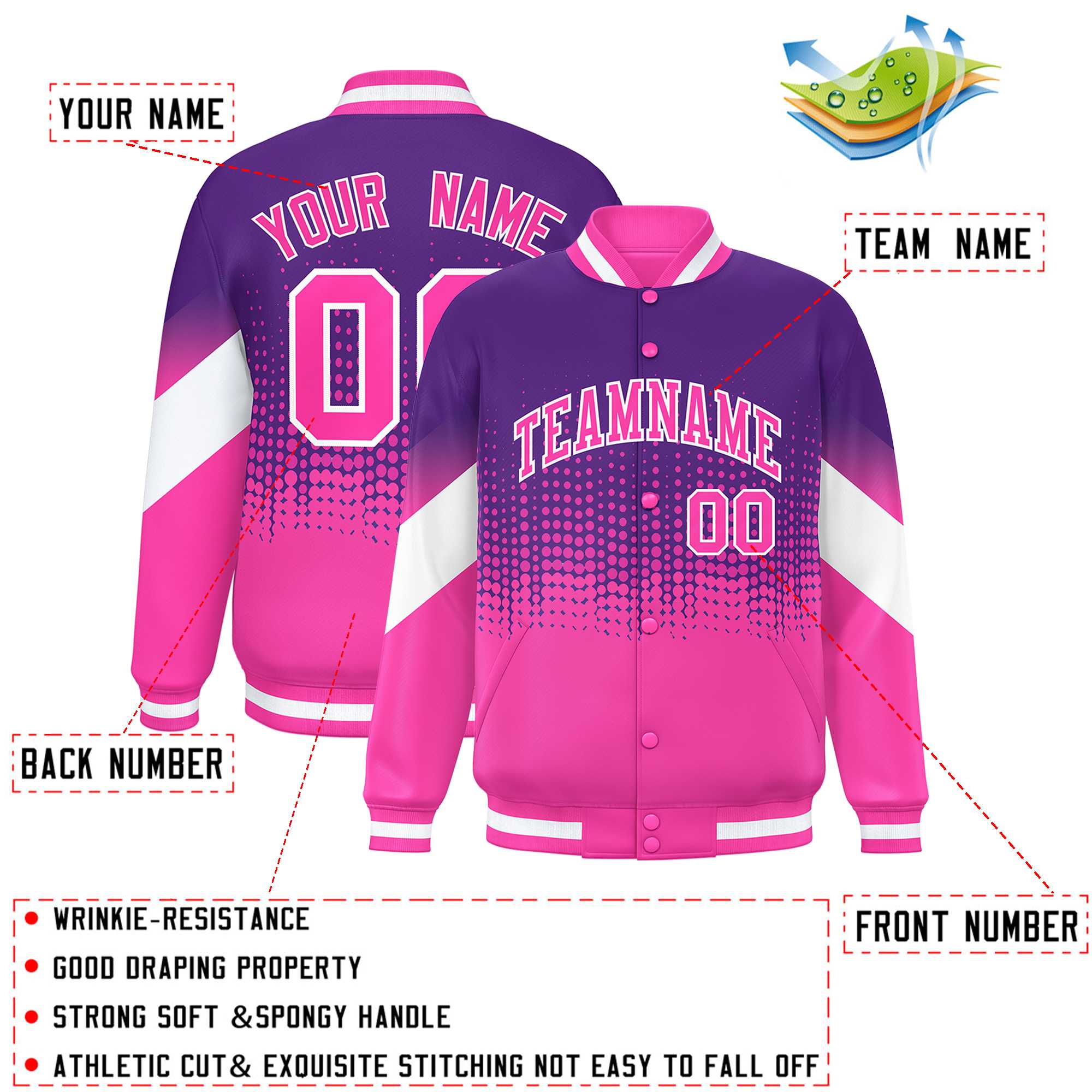 Custom Purple Pink Gradient Varsity Full-Snap Polka Dot Pattern Letterman Baseball Jacket