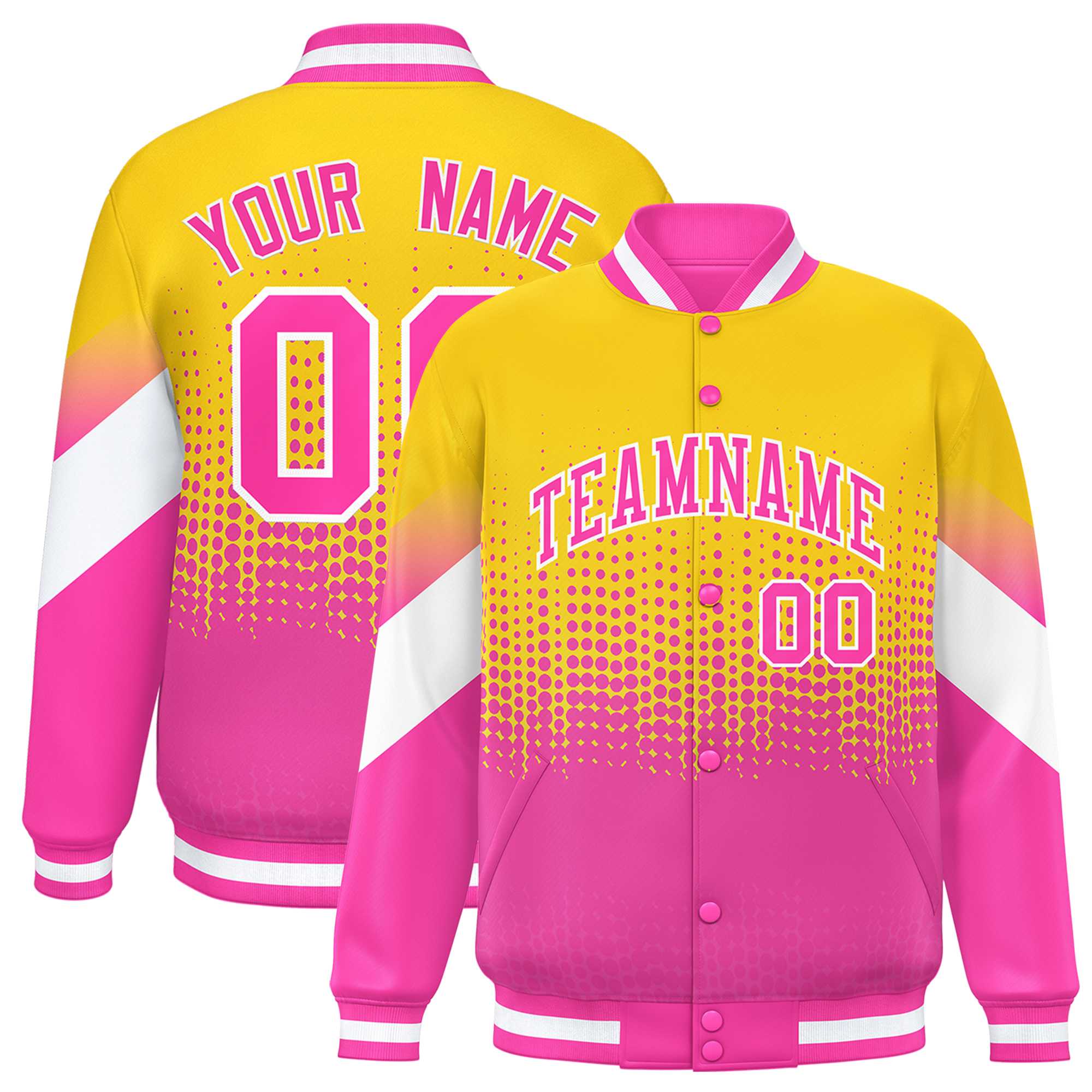 Custom Gold Pink Gradient Varsity Full-Snap Polka Dot Pattern Letterman Baseball Jacket