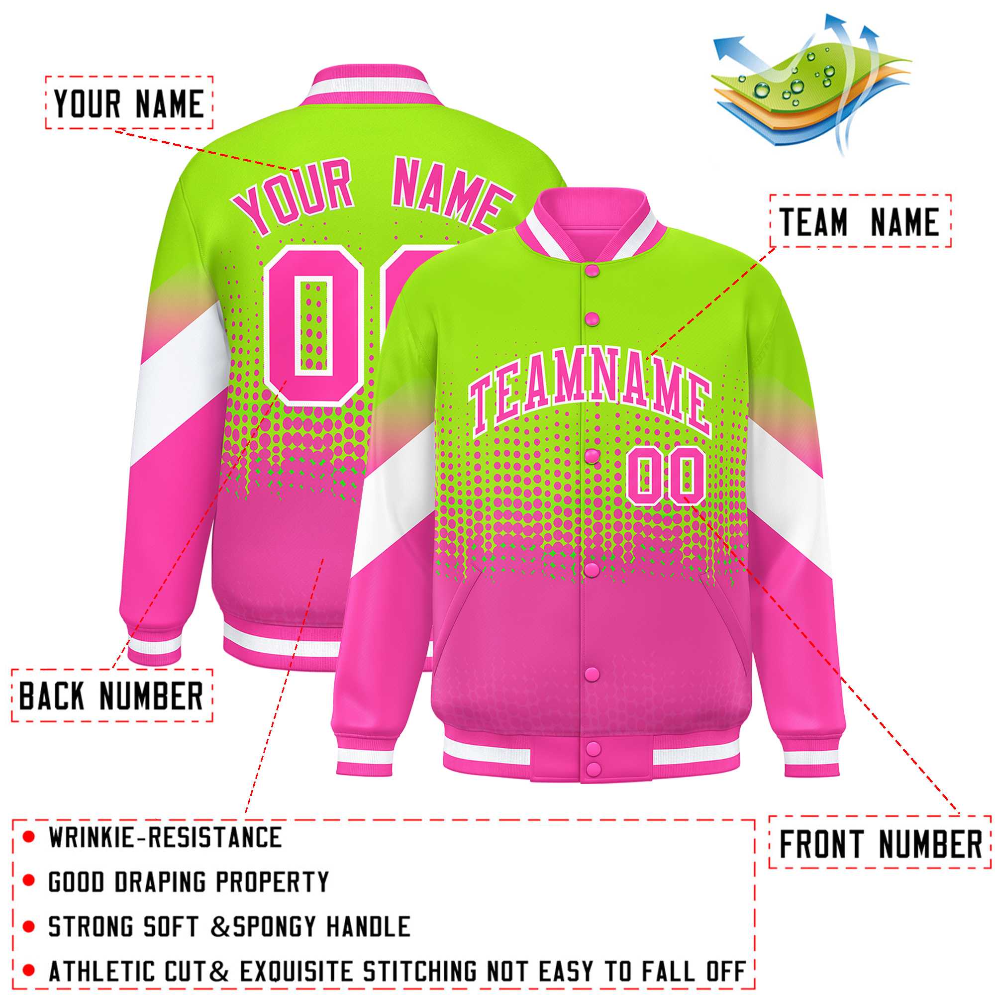 Custom Neon Green Pink Gradient Varsity Full-Snap Polka Dot Pattern Letterman Baseball Jacket