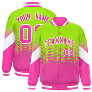 Custom Neon Green Pink Gradient Varsity Full-Snap Polka Dot Pattern Letterman Baseball Jacket