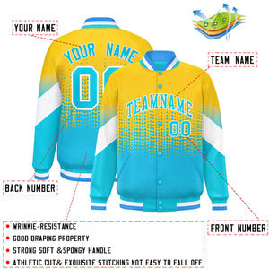 Custom Gold Sky Blue Gradient Varsity Full-Snap Polka Dot Pattern Letterman Baseball Jacket