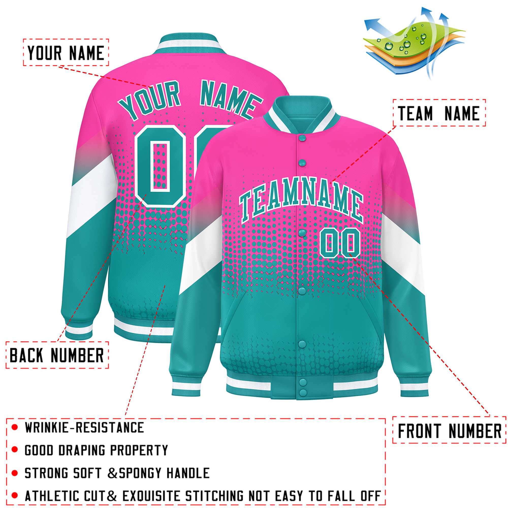 Custom Pink Aqua Gradient Varsity Full-Snap Polka Dot Pattern Letterman Baseball Jacket