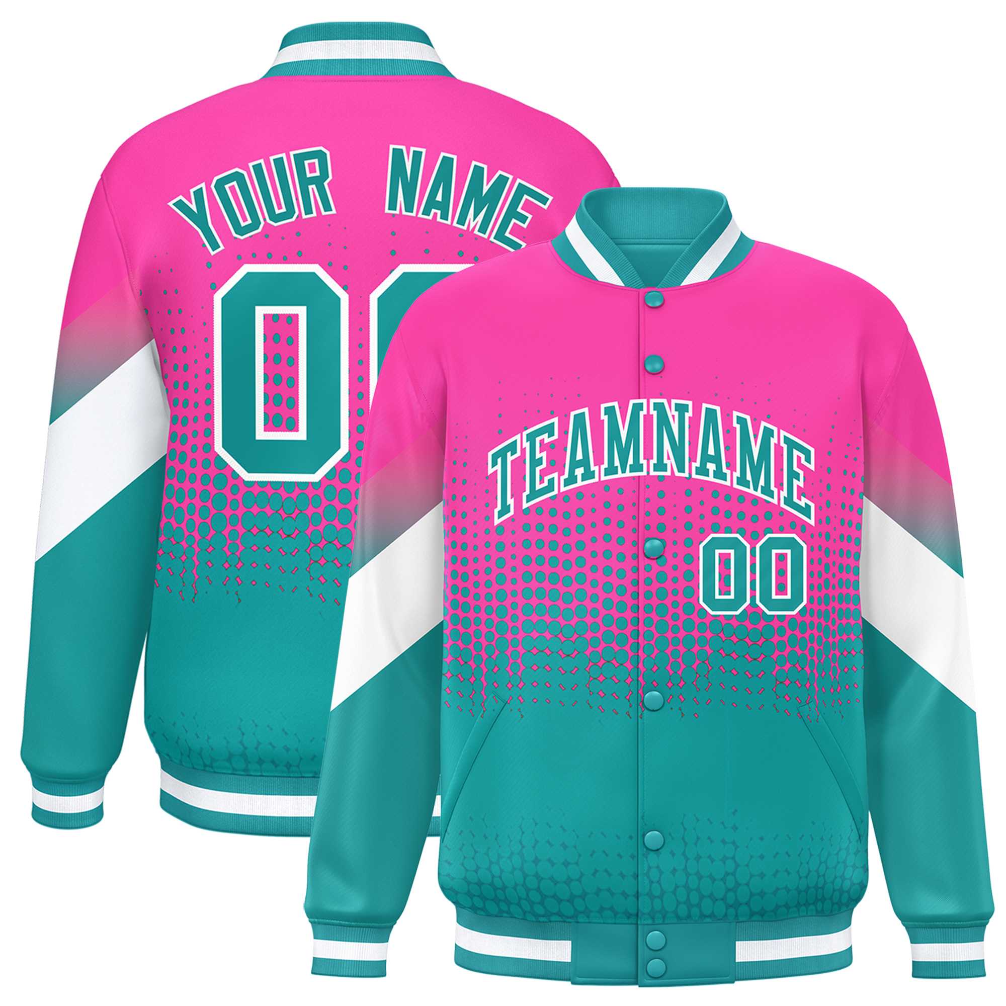 Custom Pink Aqua Gradient Varsity Full-Snap Polka Dot Pattern Letterman Baseball Jacket