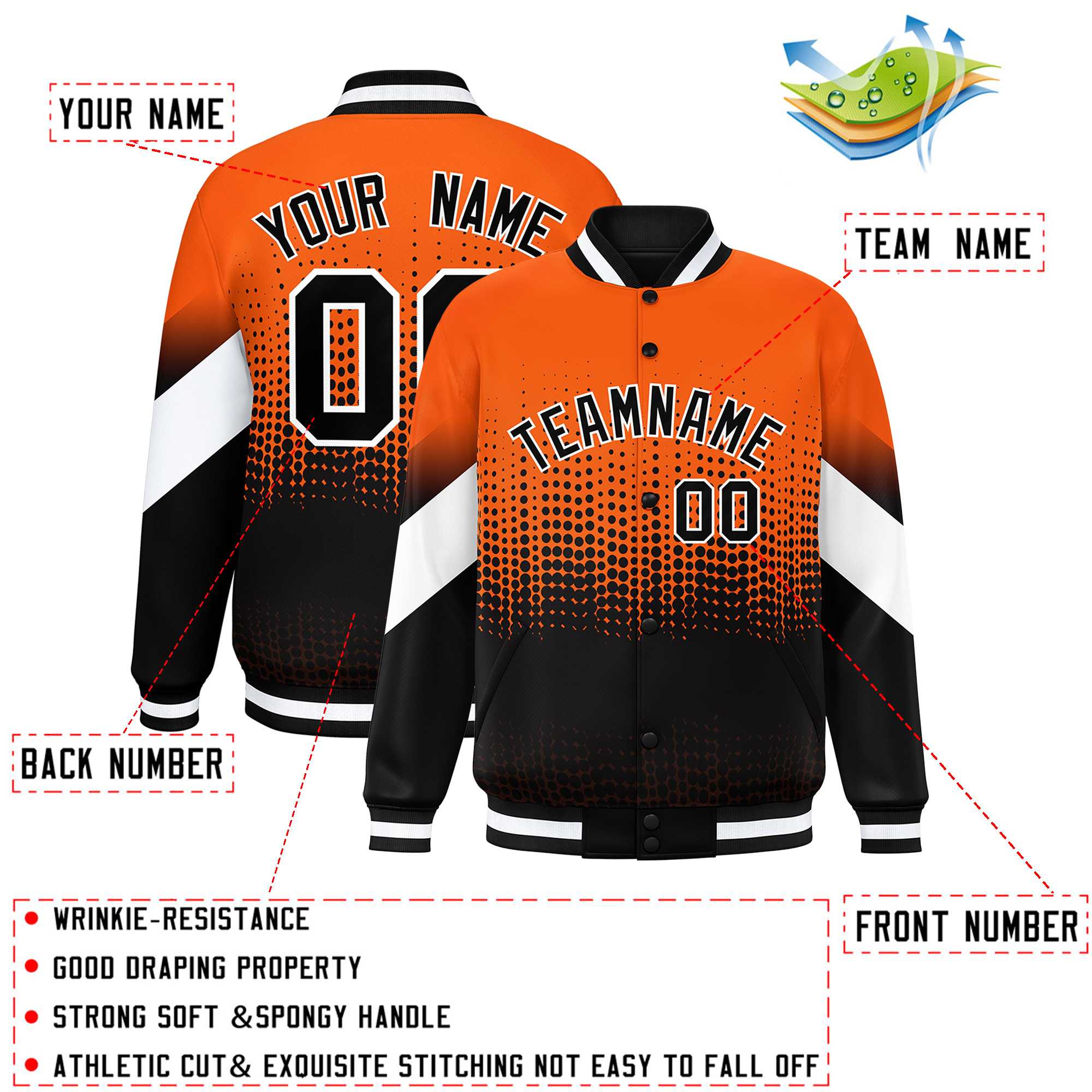 Custom Orange Black Gradient Varsity Full-Snap Polka Dot Pattern Letterman Baseball Jacket