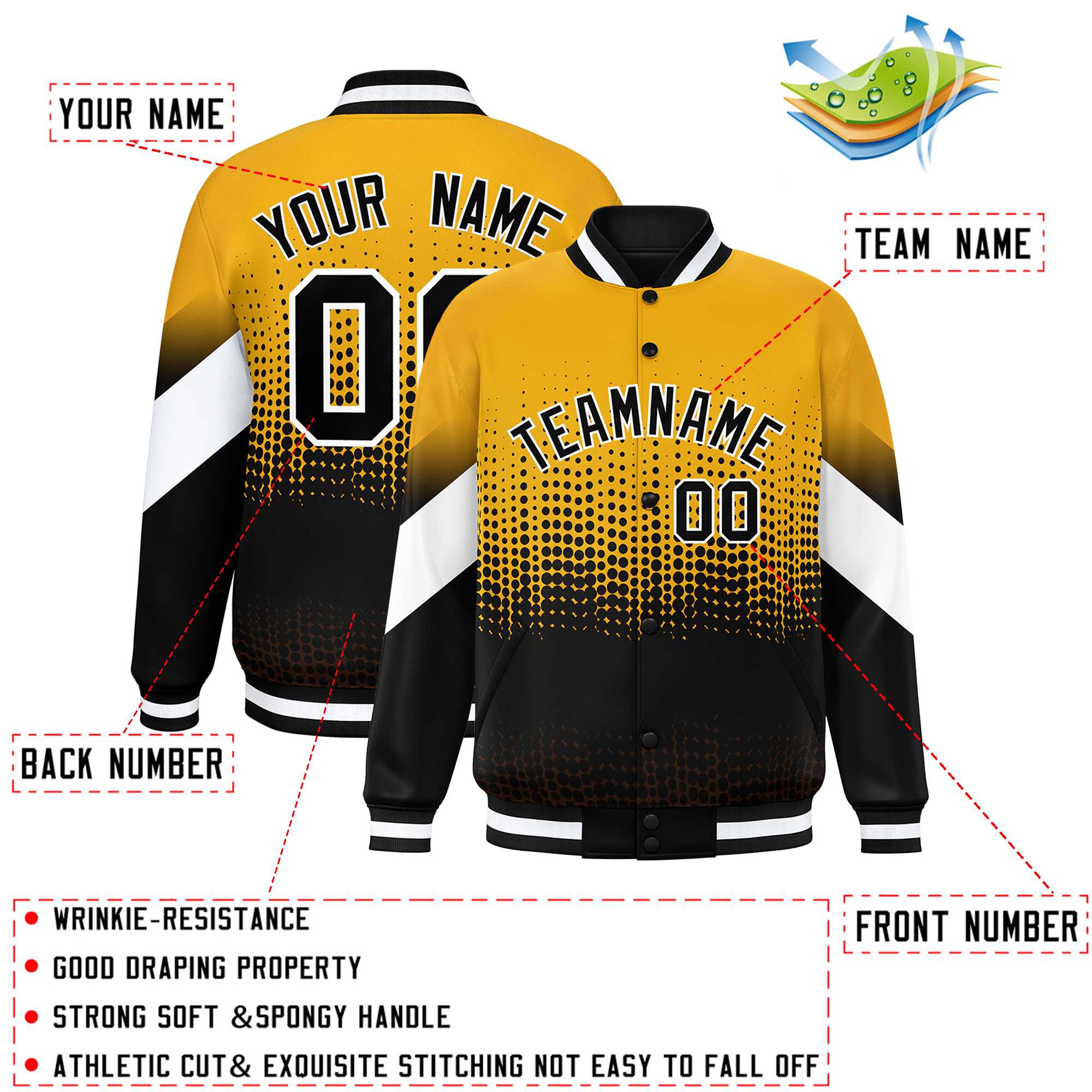 Custom Yellow Black Gradient Varsity Full-Snap Polka Dot Pattern Letterman Baseball Jacket