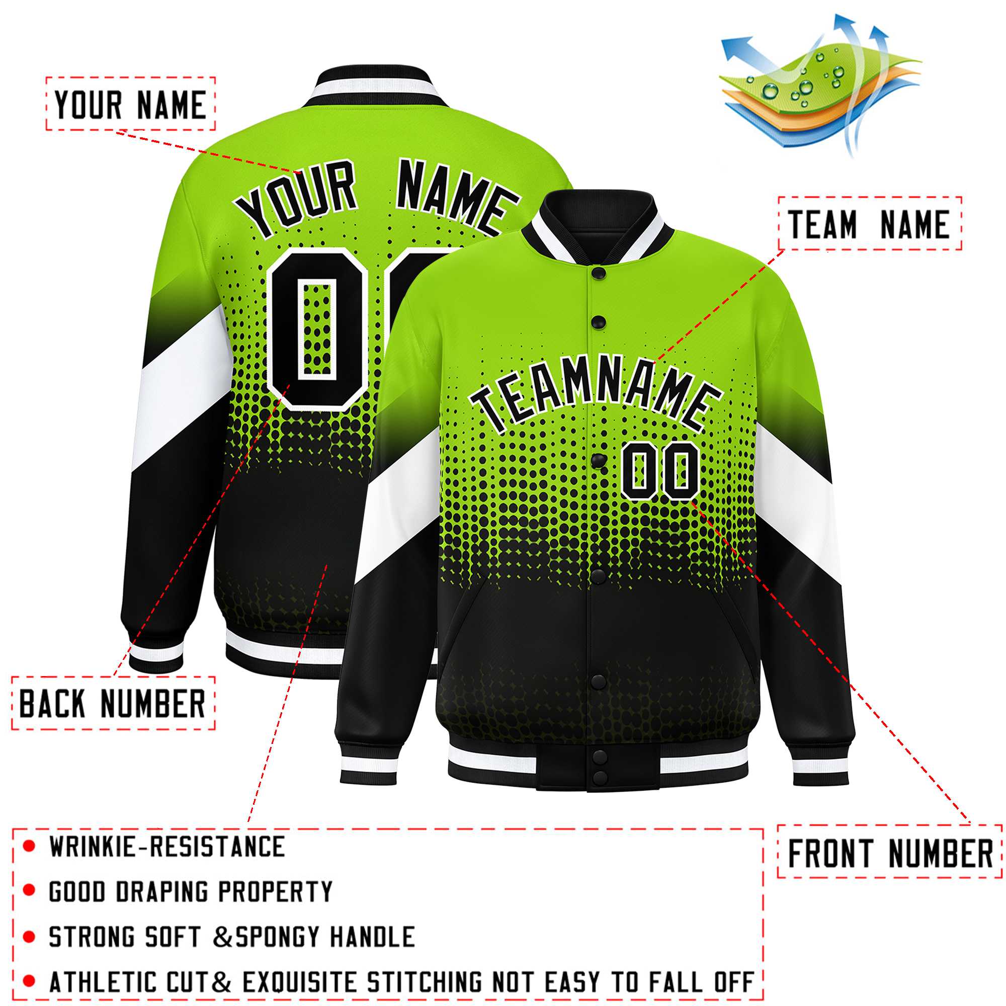 Custom Neon Green Black Gradient Varsity Full-Snap Polka Dot Pattern Letterman Baseball Jacket