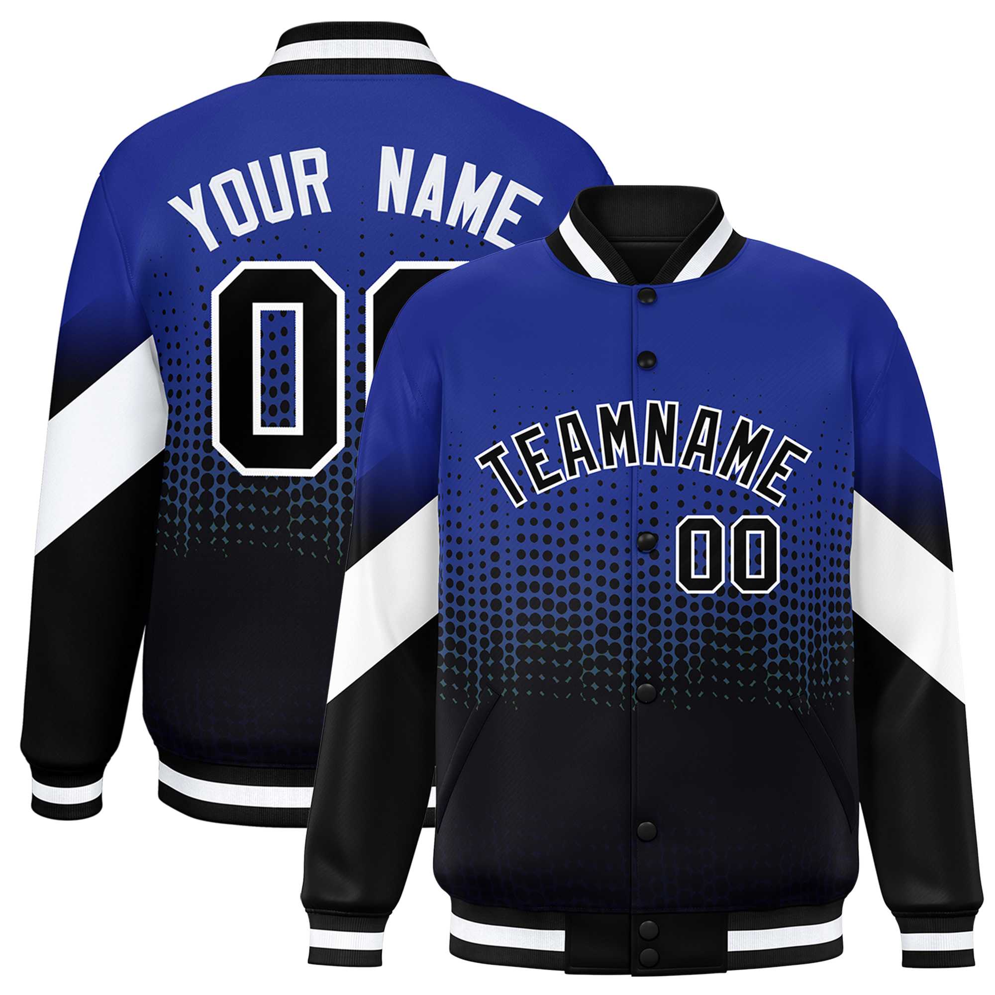 Custom Royal Black Gradient Varsity Full-Snap Polka Dot Pattern Letterman Baseball Jacket