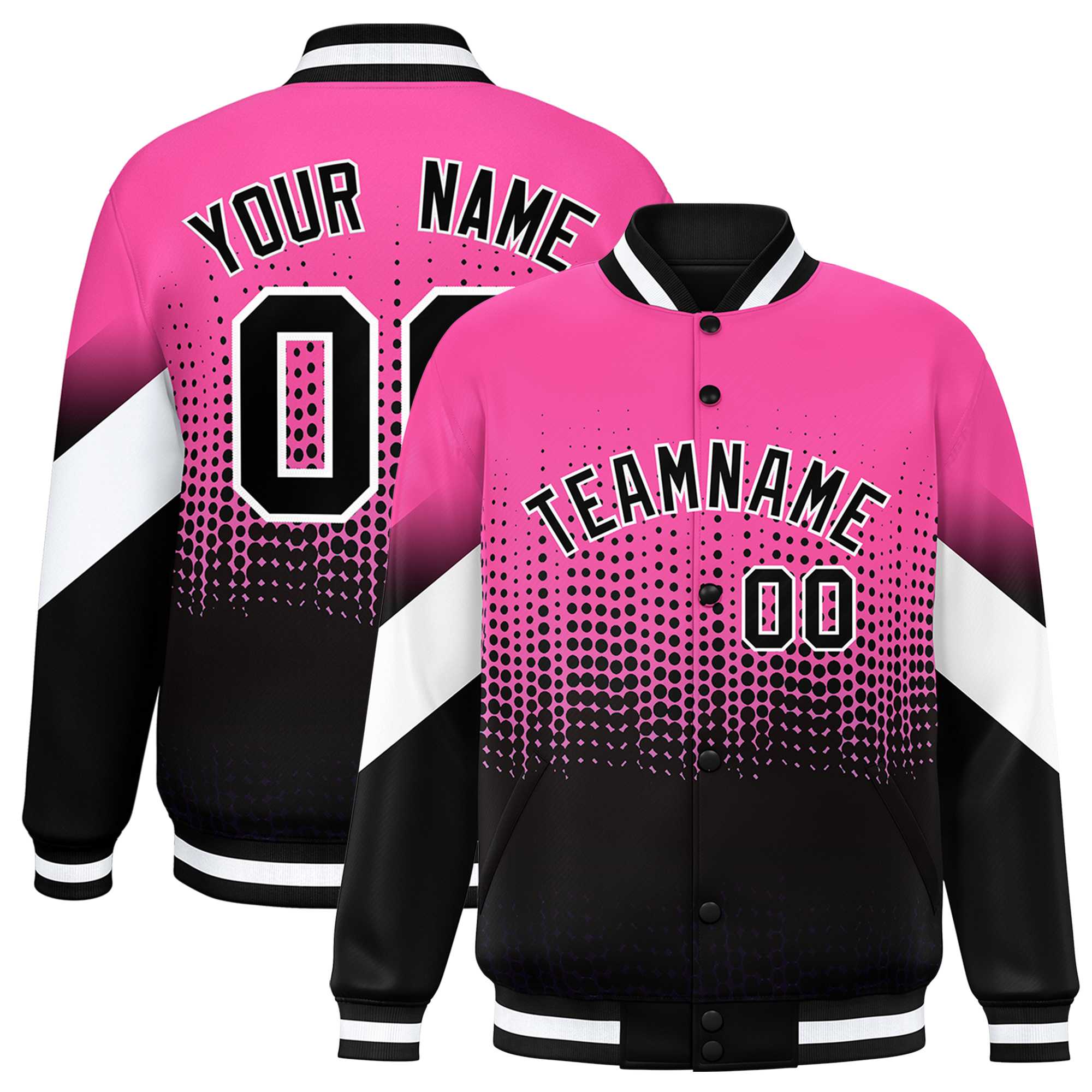 Custom Pink Black Gradient Varsity Full-Snap Polka Dot Pattern Letterman Baseball Jacket