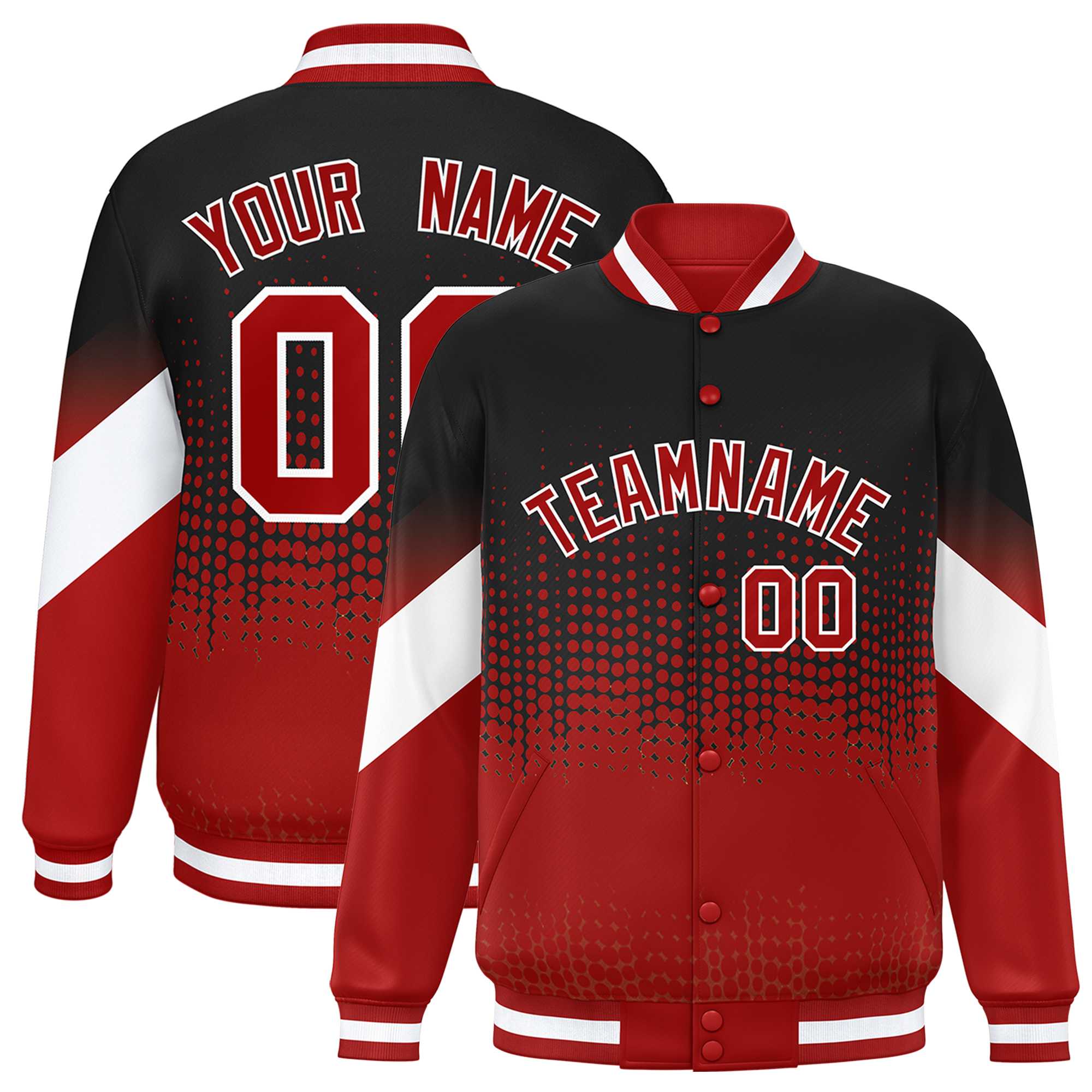 Custom Black Red Gradient Varsity Full-Snap Polka Dot Pattern Letterman Baseball Jacket